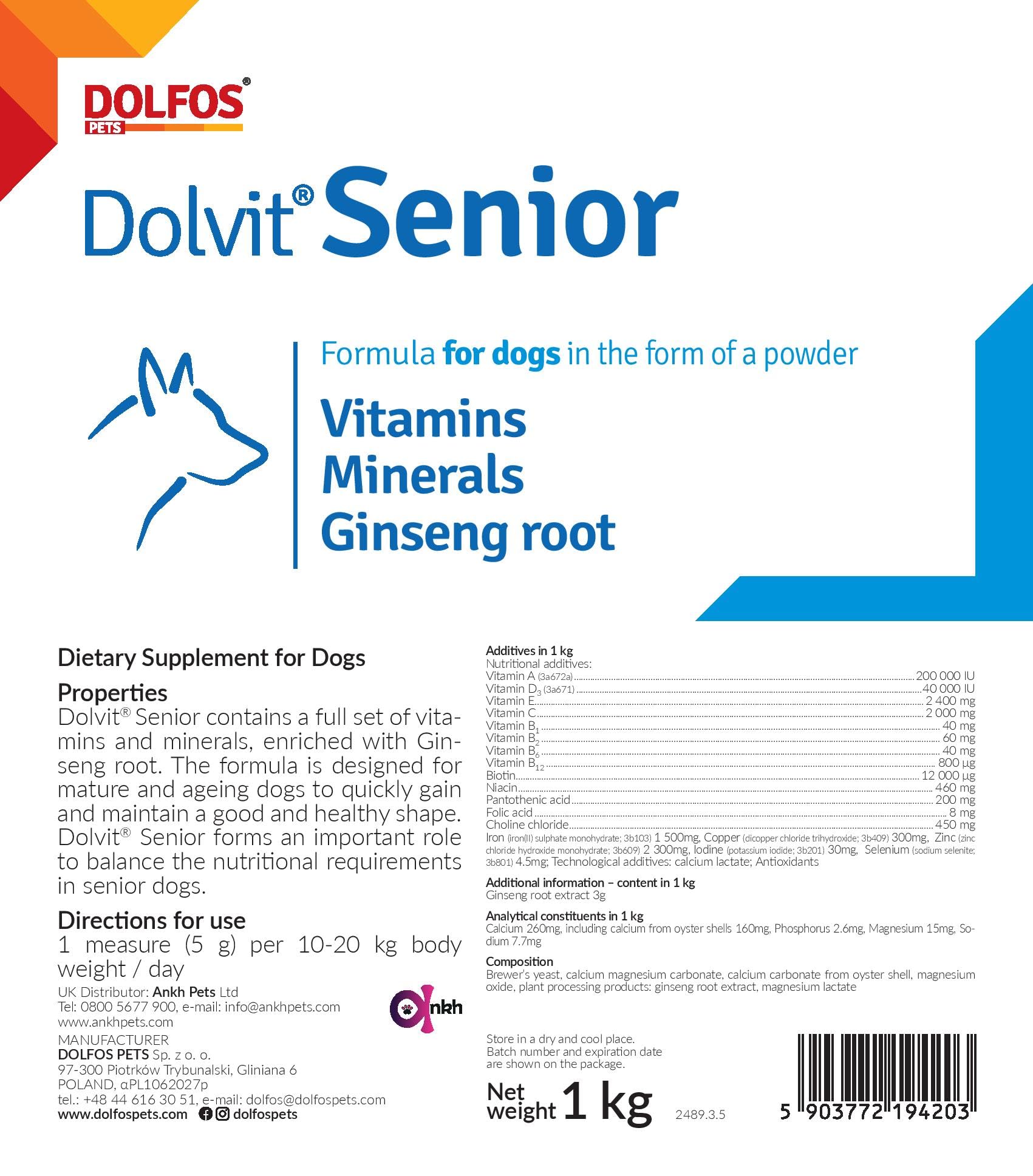 Dolvit Senior 1kg Vitamins Minerals with Ginseng root for Senior Dogs - Image 2