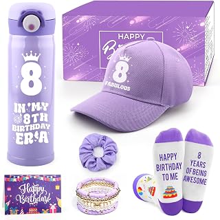 Birthday Gifts for 8 Year Old Girl, Best Gift Ideas for Daughter, Niece, Granddaughter, Sister, 8th Birthday Decorations for Girls with Water Bottle, Baseball Cap Socks