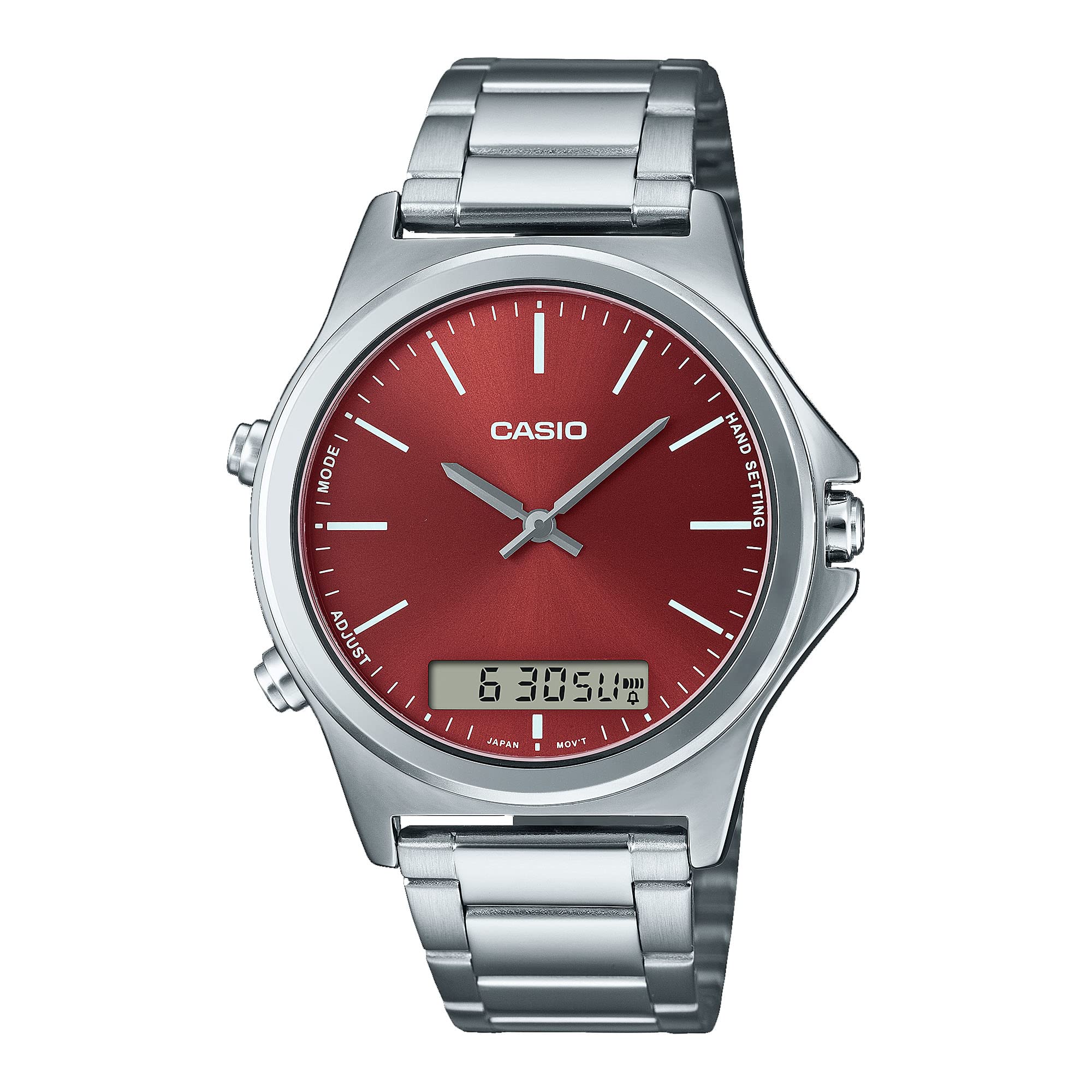 Casio MTP-VC01D-5E Orologio da uomo in acciaio inossidabile con quadrante rosso analogico digitale doppio fuso orario