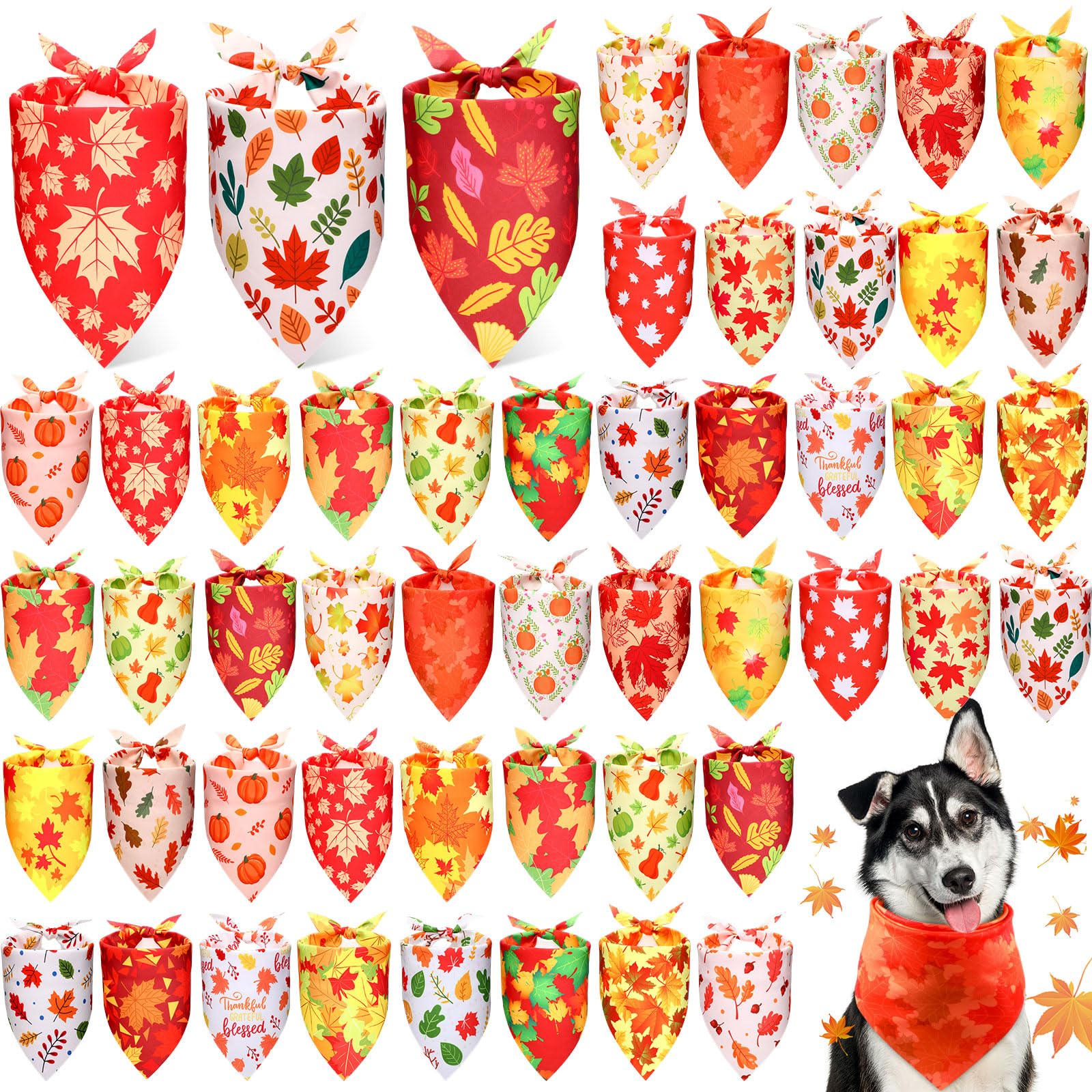 Preboun 50 Pcs Fall Dog Bandanas Bulk Autumn Bandanas for Dogs Doggie Triangle Scarf Bibs with Maple Leaves Pumpkin Patterns for Small Medium Large Pets Costume Accessories(31.5 x 21.7 x 21.7 Inch)