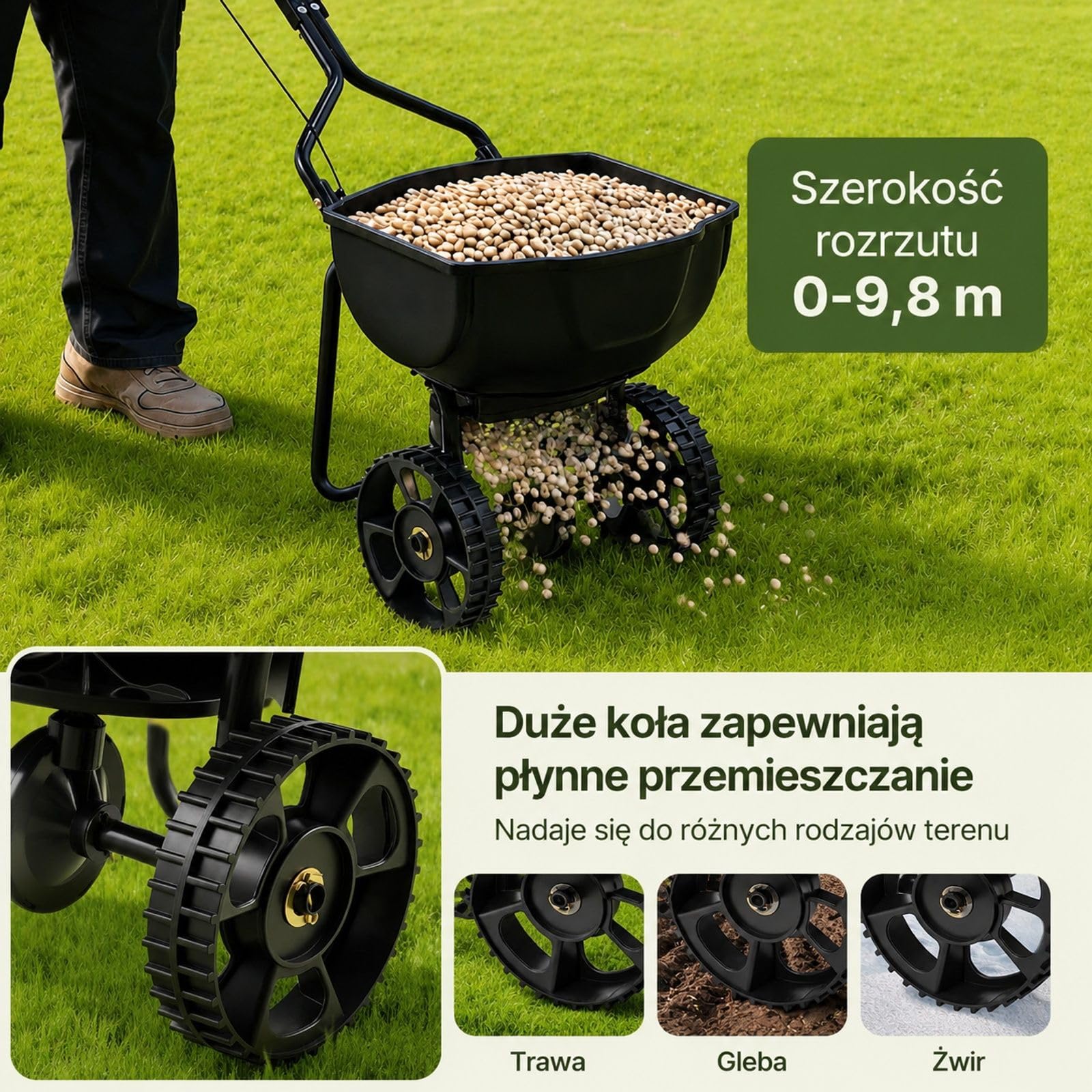 Rozsiewacz ogrodowy do nawozu i nasion, pojemność 6,8 kg, czarny kosz, regulowana szybkość rozrzutu