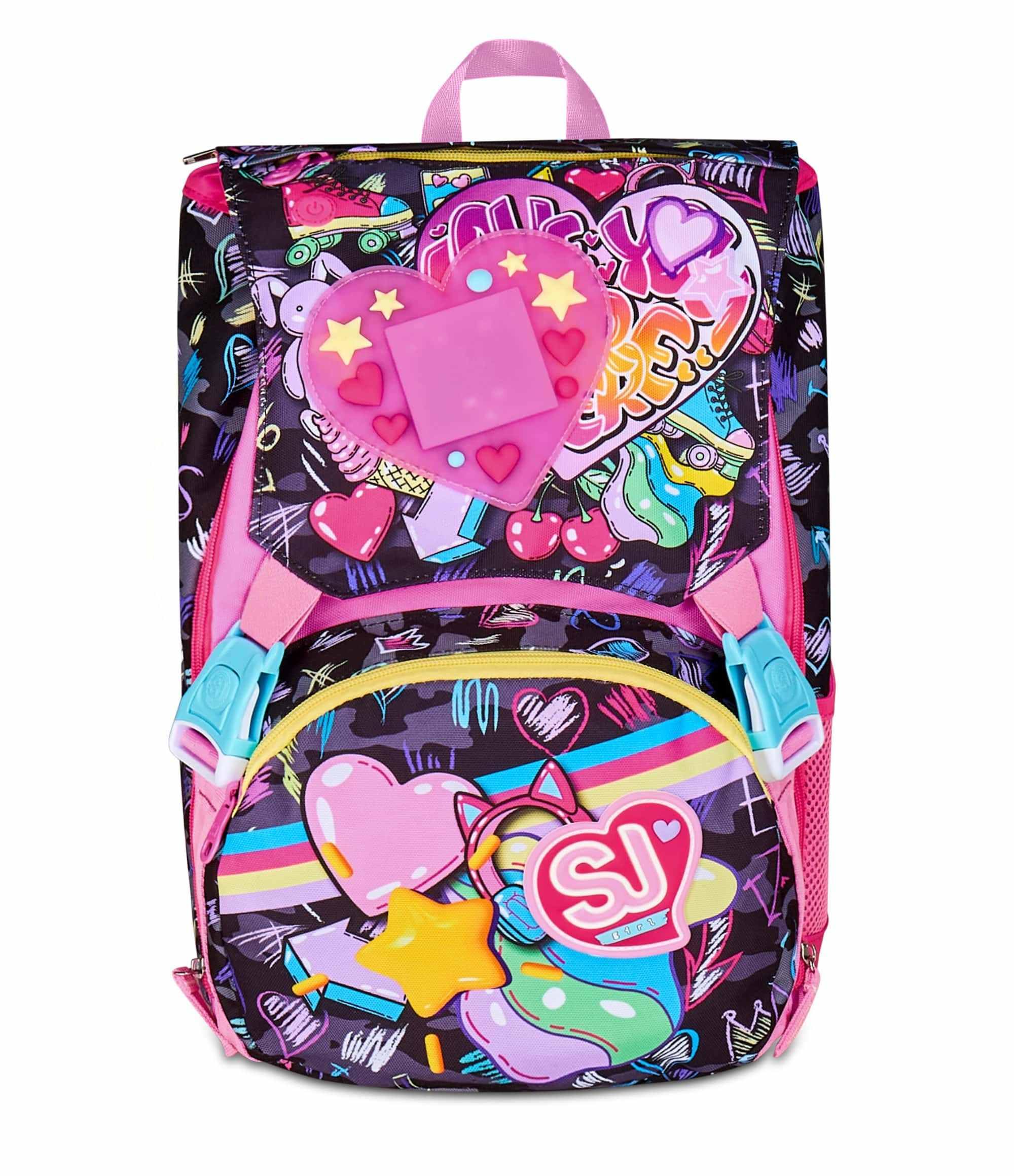 SJ GANG STYLE JAM GANG Zaino Scuola Estensibile Big, Fucsia, Zaino con Divisorio Interno, Tasca Superiore con LED Cuore, Tasca per Borraccia, 24 L, Zaino Scuola Elementare, Zaino Bambina