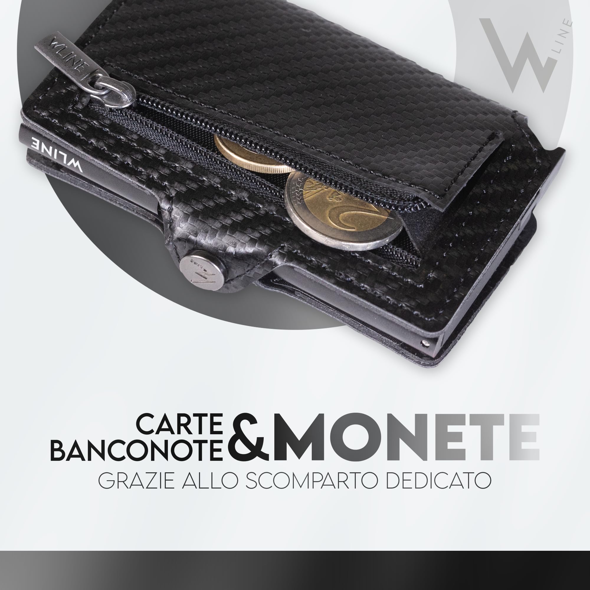 WLine Portafoglio Uomo Slim con Portamonete Rfid Compatto ed Elegante - Porta Carte di Credito Uomo e Donna Schermato in Fibra di Carbonio - Portatessere Uomo Tascabile (Nero Carbon con Zip)