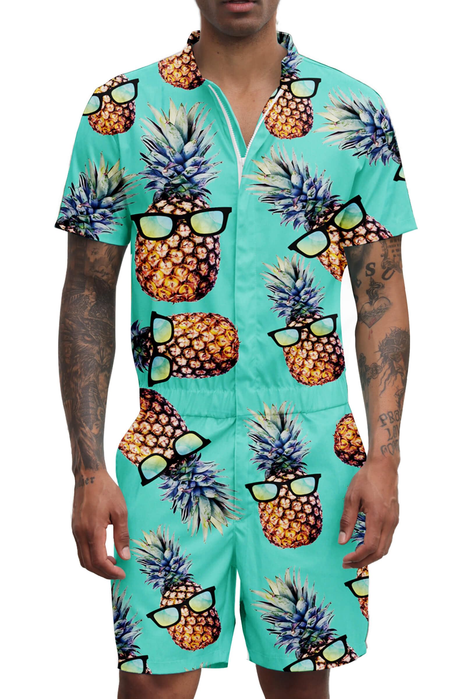 Goodstoworld Male Hawaiian Romper Fashion Zipper Slim Fit Jumpsuit with Pocket S-XXL