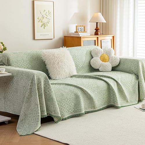 Miniatura 26 de ROOMLIFE Funda de sofá gruesa a rayas con borlas, manta de funda de sofá de felpilla azul para sofá seccional, fundas de sofá suaves para sofá