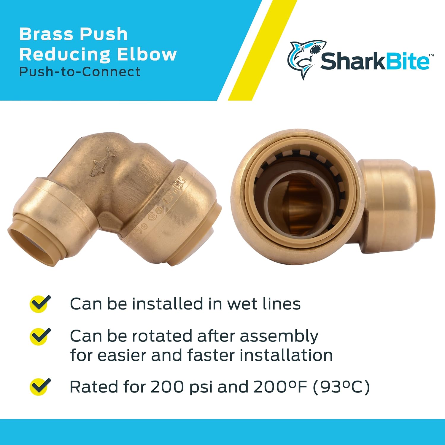 SharkBite 3/4 Inch x 1/2 Inch 90 Degree Reducing Elbow, Push to Connect Brass Plumbing Fitting, PEX Pipe, Copper, CPVC, PE-RT, HDPE, U274LFA