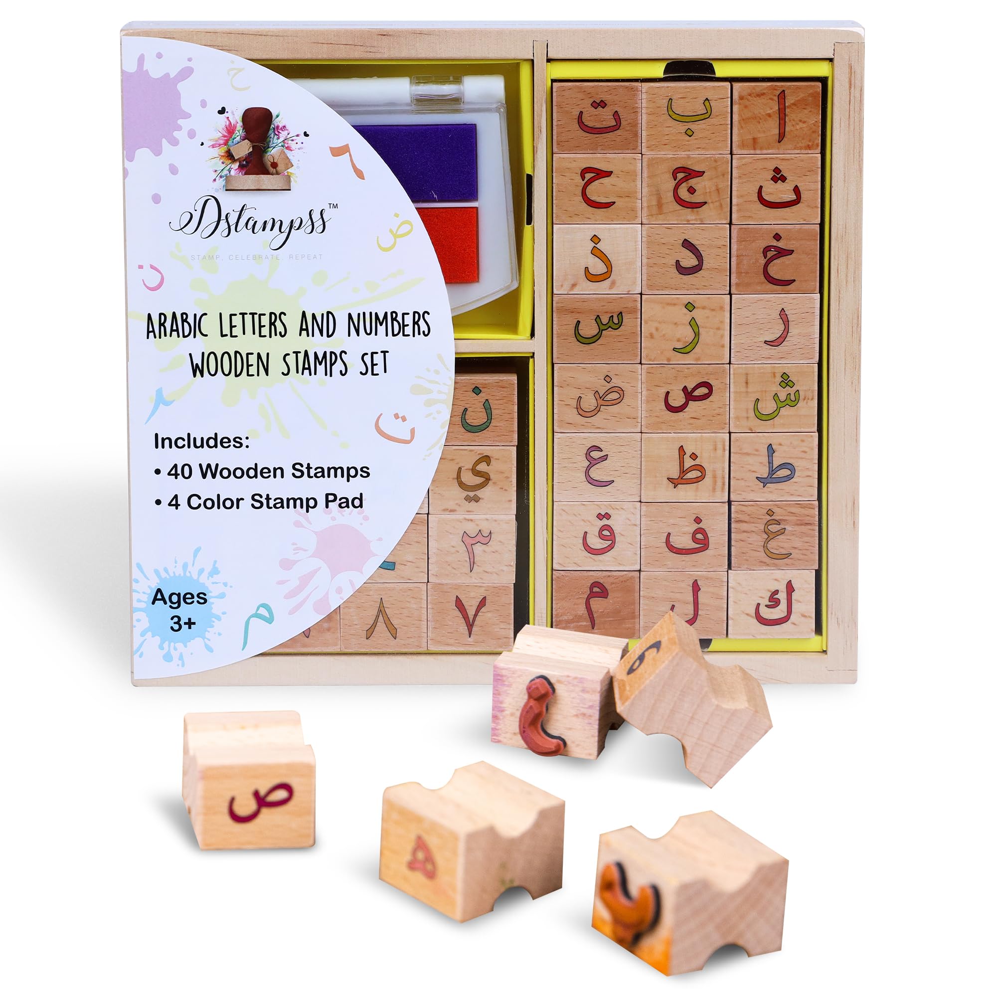 Arabic Alphabets & Numbers Wooden Stamps with Washable Ink pad - Most Fun and Engaging Way to Teach Kids Arabic Language
