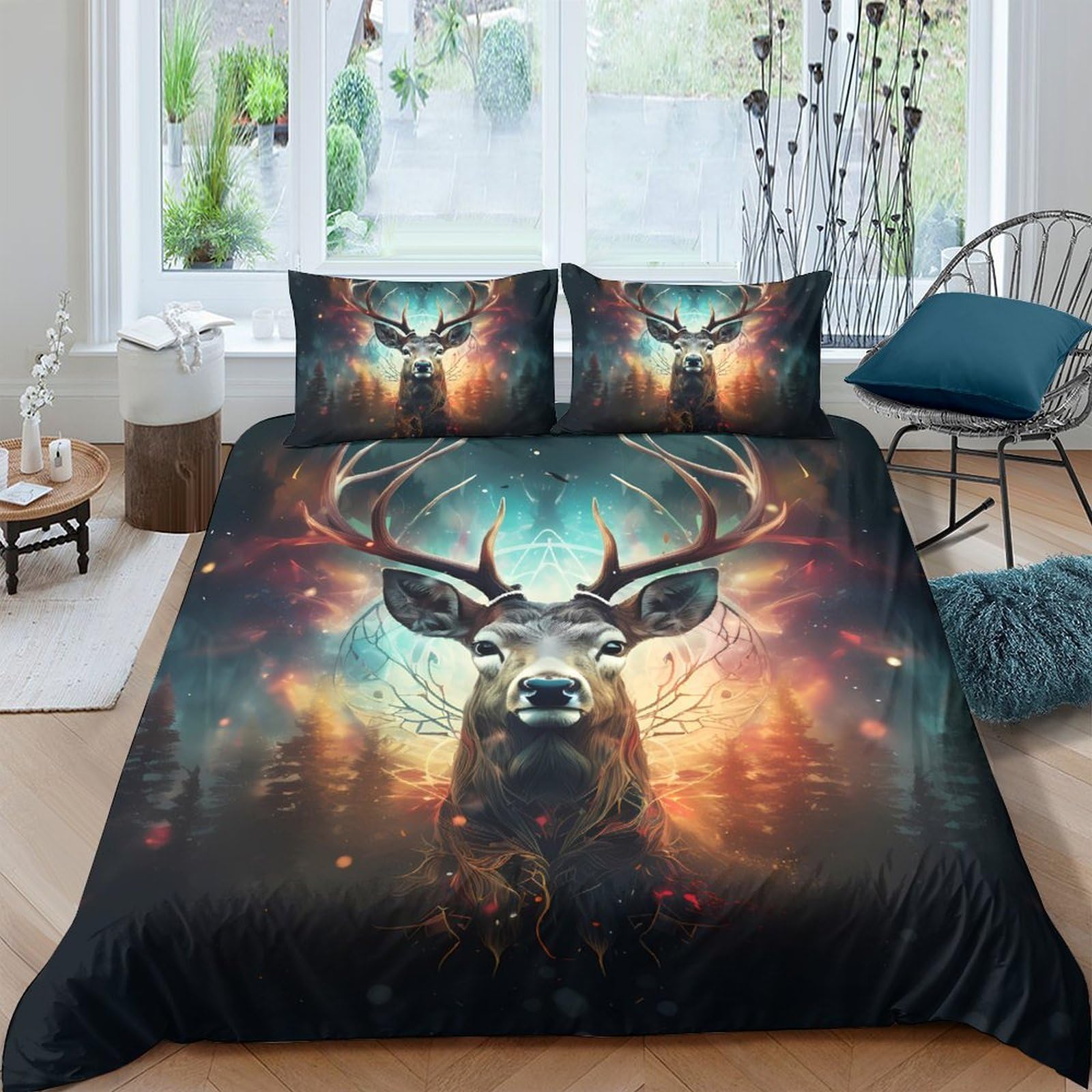Ctjqhvkz Style-2 3D Printed Deer Forest Fitted Sheet Microfiber Soft Breathable Antler Night Mattress Cover For Bedroom Decor Single（135X200cm）