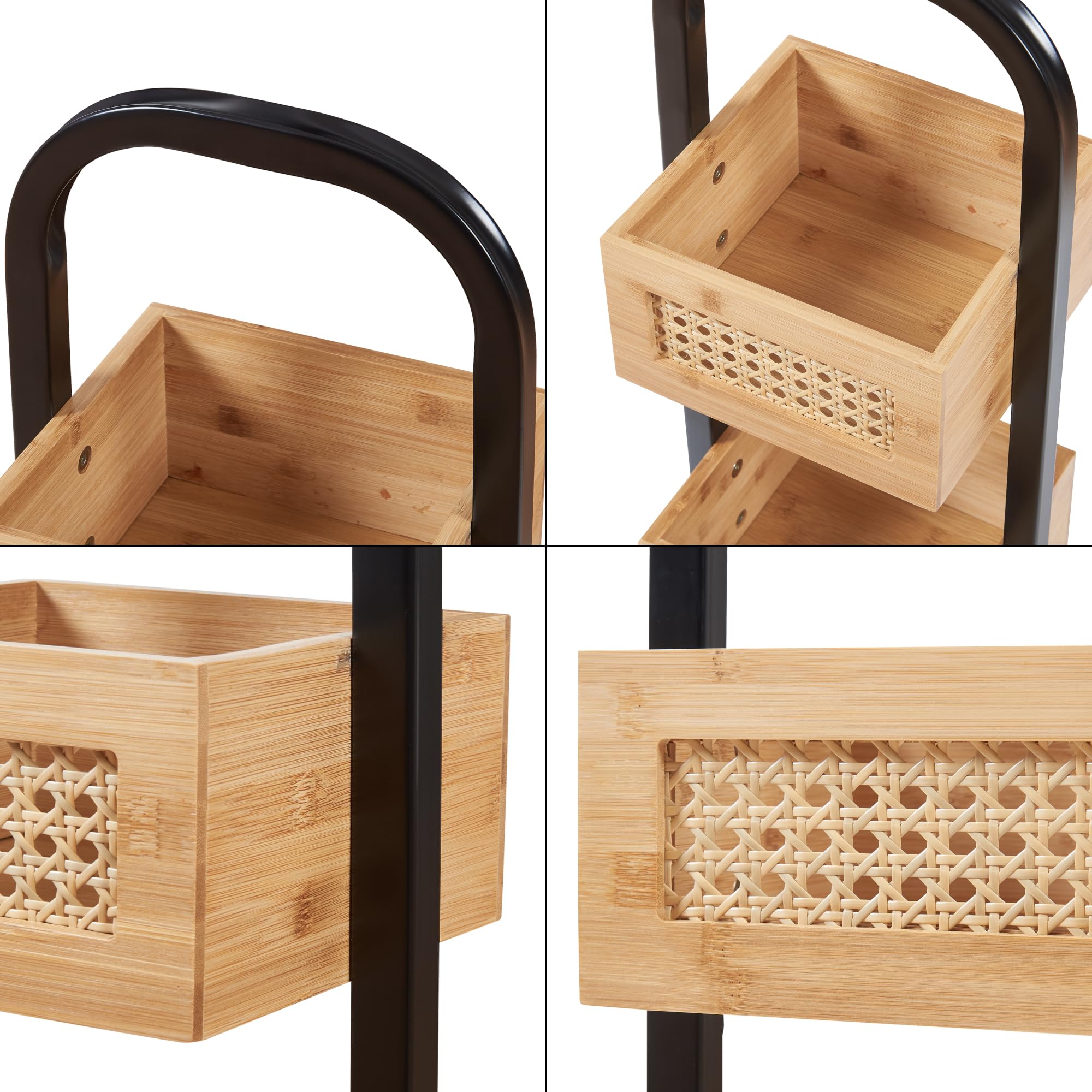 [en.casa] Estantería para Baño Tervola con 3 Cestas Mueble Baño Estantería de Pie Cocina Multiusos Versátil Resistente Metal/Bambú 73x23x19 cm - Negro/Efecto Ratán