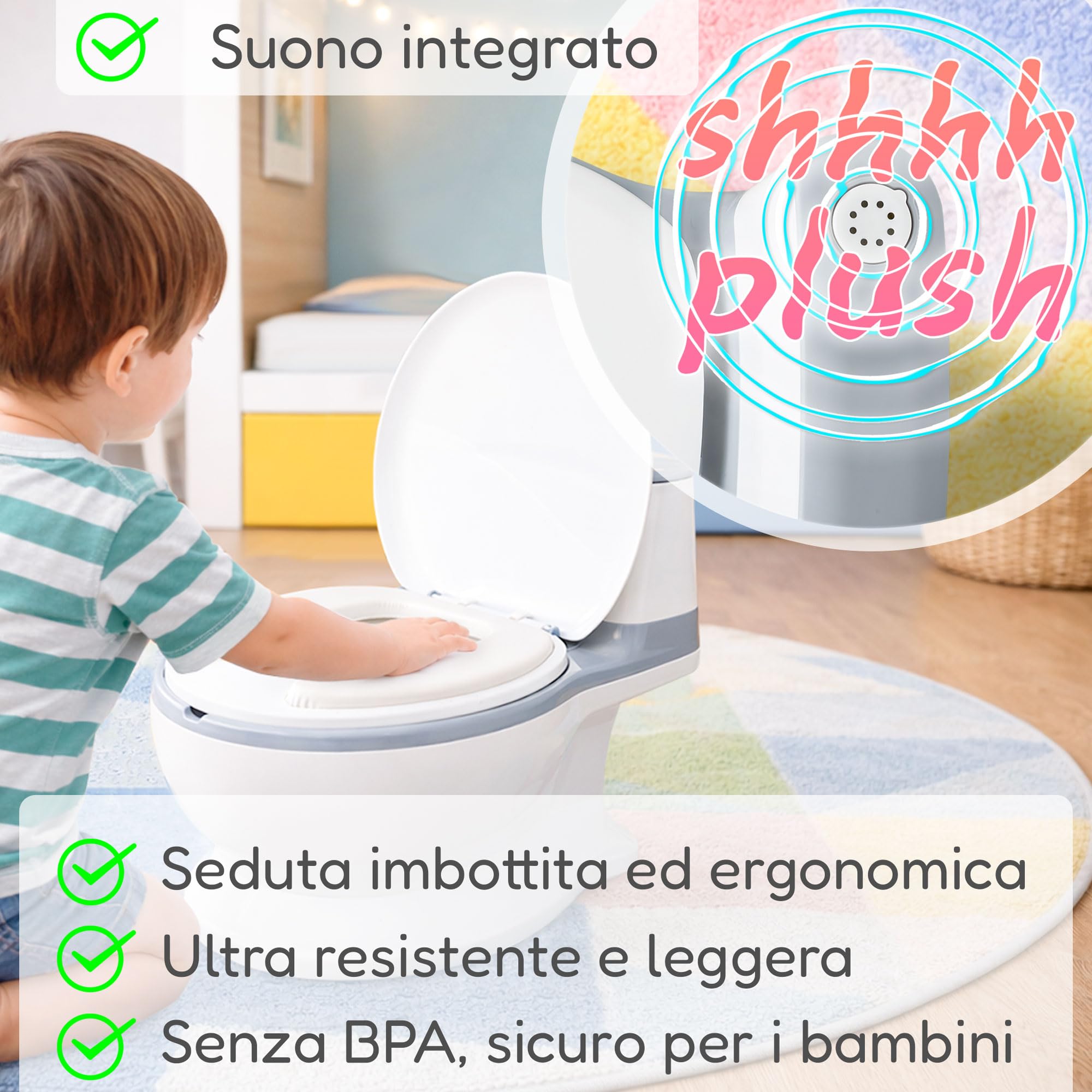 ALMAR Baby Vasino portatile a forma di wc per bambini, con suono di scarico della catena e porta rotolo integrato incoraggia l'apprendimento dei tuoi bambini per andare in bagno in modo divertente