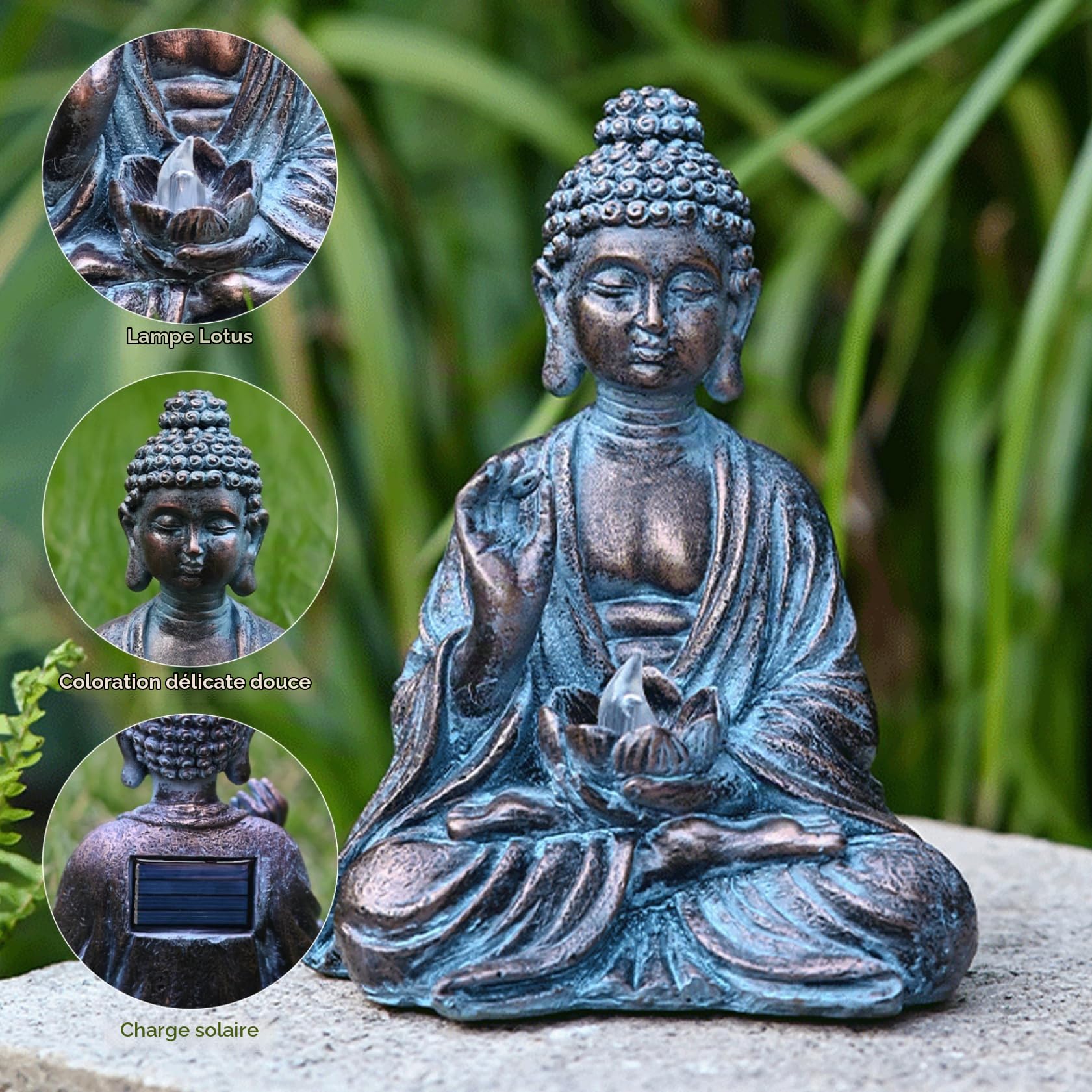 Statue de Bouddha d'extérieur, décoration de Bouddha Solaire avec lumière LED Lotus, Statue Jardin en résine étanche pour Jardin, Maison, Patio, pelouse 15 x 10, 9 x 19, 7 cm