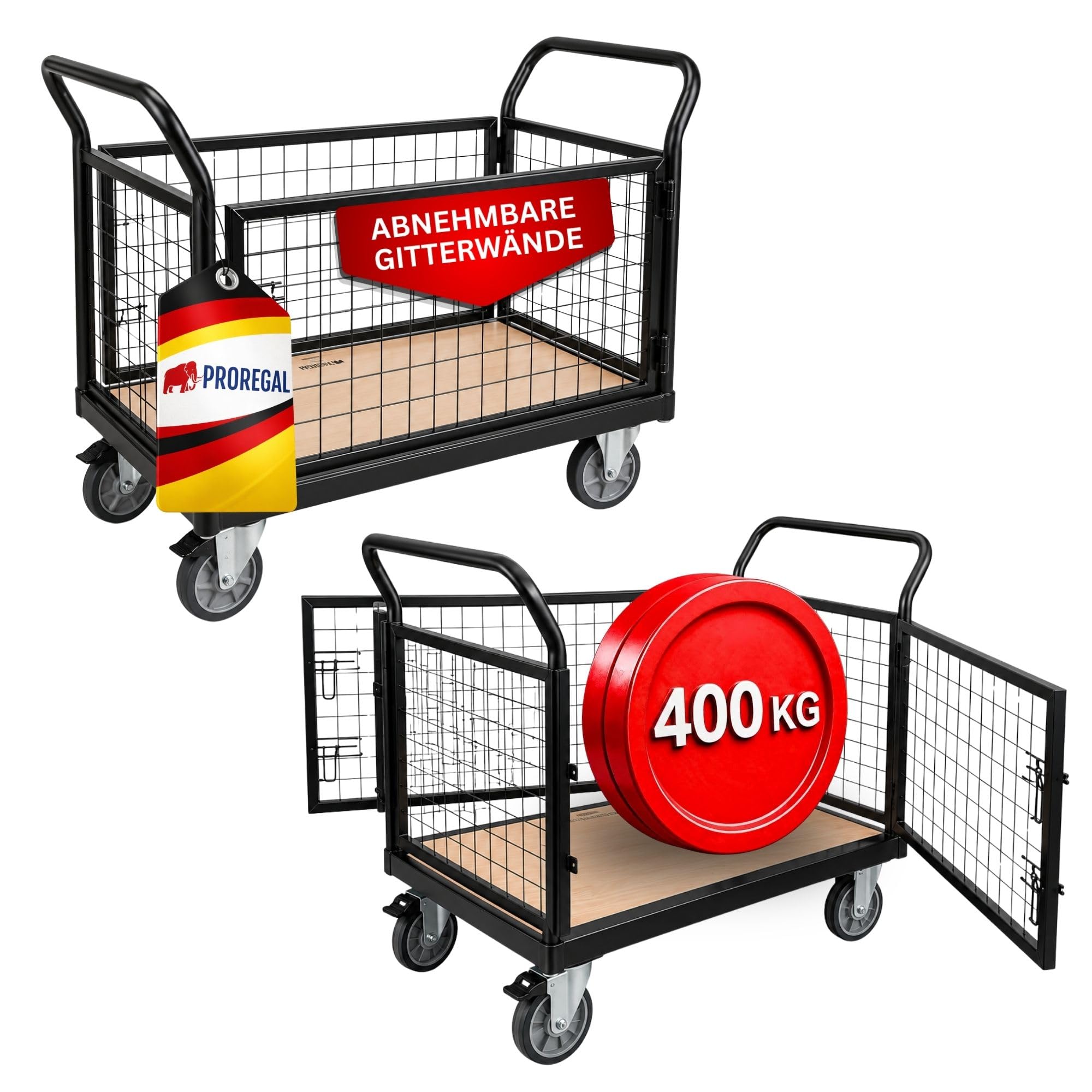 PROREGAL Profi Transportwagen Handwagen Materialwagen Plattformwagen mit abnehmbaren Gitterwänden | HxBxT 104x135x67 | Traglast 400 kg | 2X Lenkrollen mit Feststellbremse & 2X Bockrollen | Schwarz