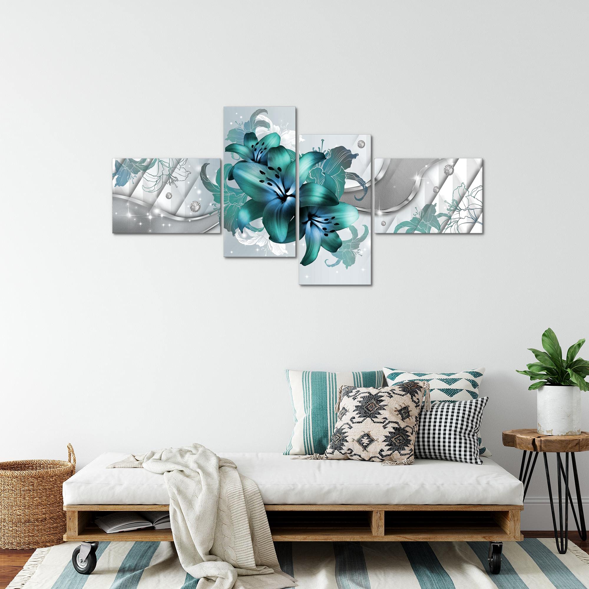 Runa Art Tableau Murale Salon Lis Fleurs Turquoise 4 Parties - 017345a Runa Art Tableau Murale Salon Lis Fleurs Turquoise 4 Parties - 017345a