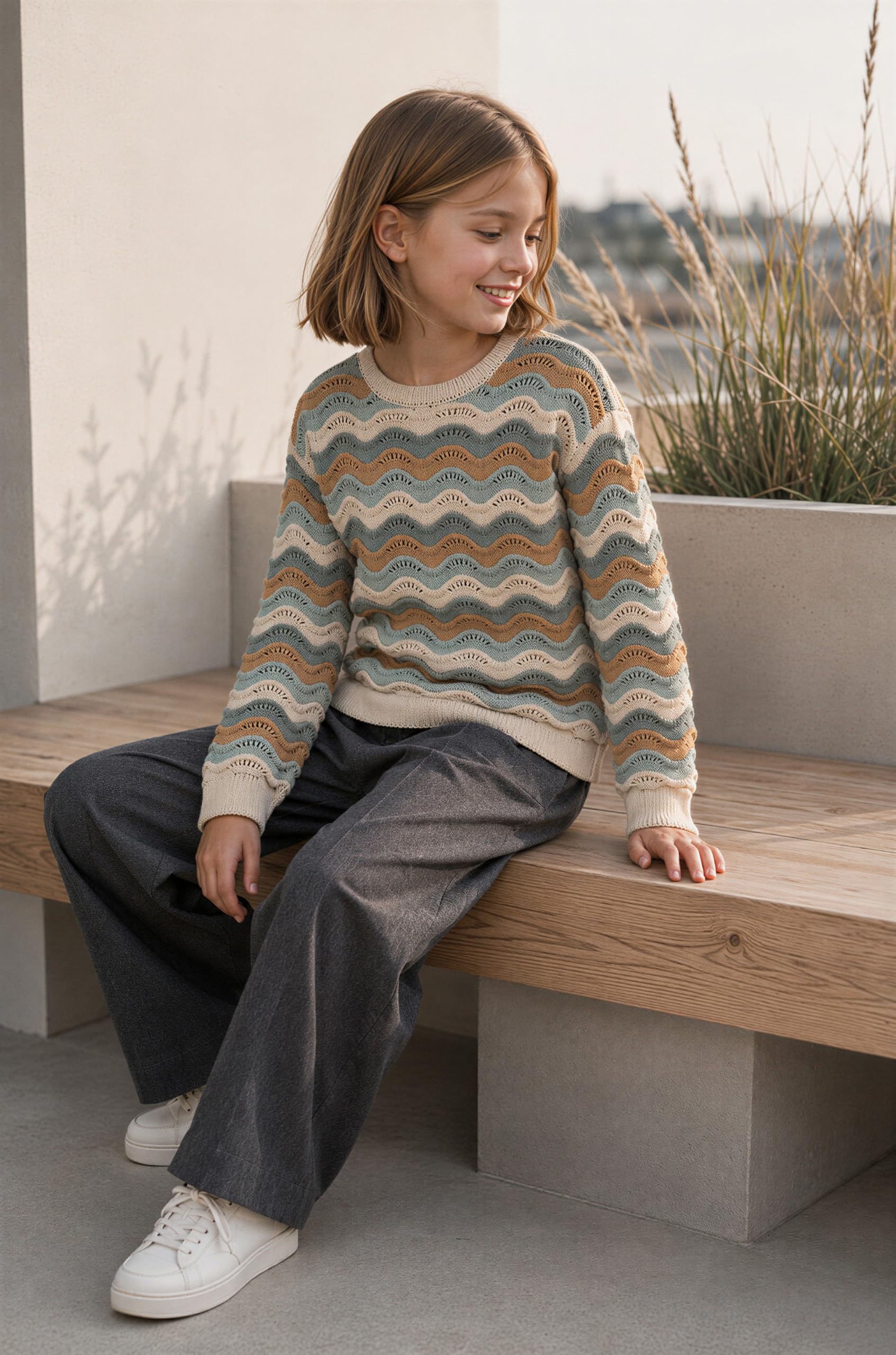 Mädchen Strickpullover DTYRA Wellen-Ajourmuster Bordeaux