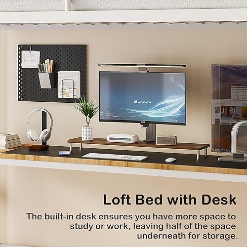 Miniatura 3 de VECELO Cama alta tamaño individual con escritorio, base de cama de metal con escalera extraíble y barandilla de seguridad, no necesita somier,