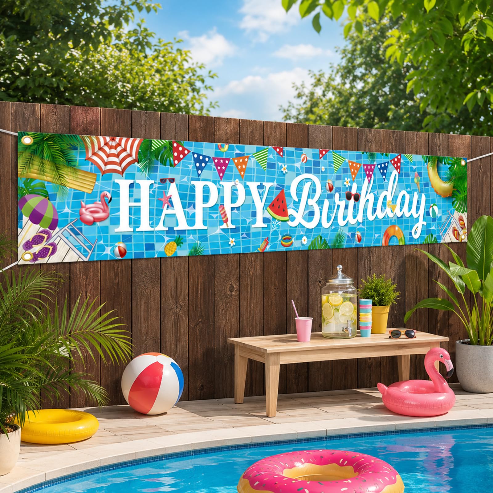 AUSHENKE Baner na imprezę przy basenie, bardzo duży rozmiar baner Happy Birthday, 299 x 50 cm, wielokolorowy, na artykuły imprezowe przy basenie