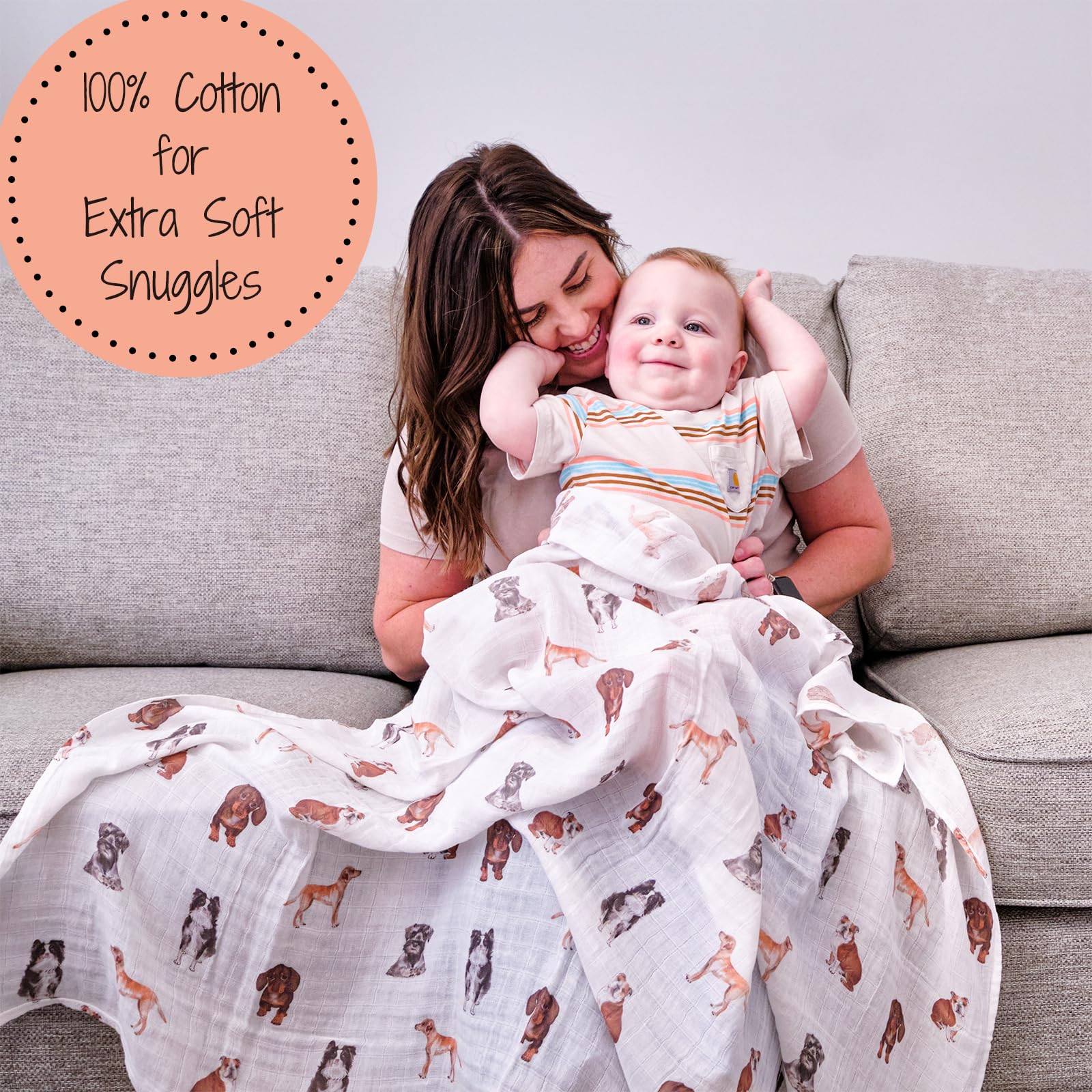 LollyBanks Manta para envolver, 100 % muselina de algodón, manta neutra de 47 x 47 pulgadas, manta de bebé para niños y niñas, artículos esenciales para bebés, lista de regalos (estampado de perros)