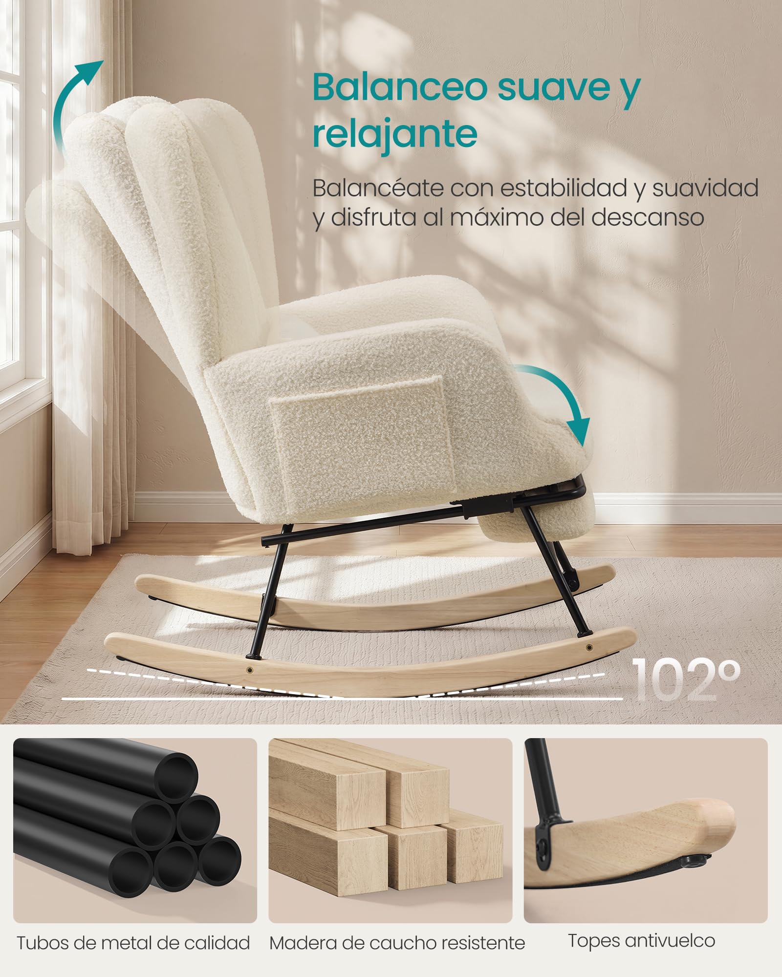 SONGMICS Silla Mecedora, Sillón Mecedora con Reposapiés Extraíble, Cojín Extraíble, Bolsillos Laterales, Patas de Madera, Tejido de Felpa, para Dormitorio y Salón, Blanco Crema LYY018W101