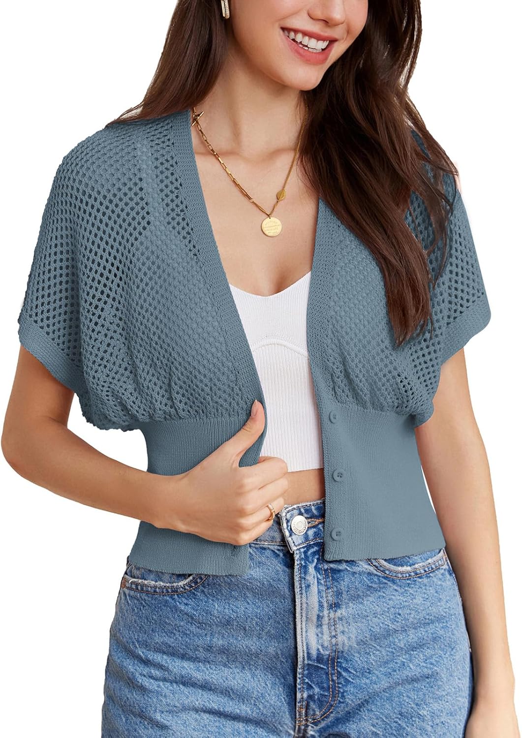 GRACE KARIN 2026 Women Short Sleeve Crochet Cardigan Summer Draped V-Neck Bolero Shrug Sweater Hollow Out Beach Cover Up