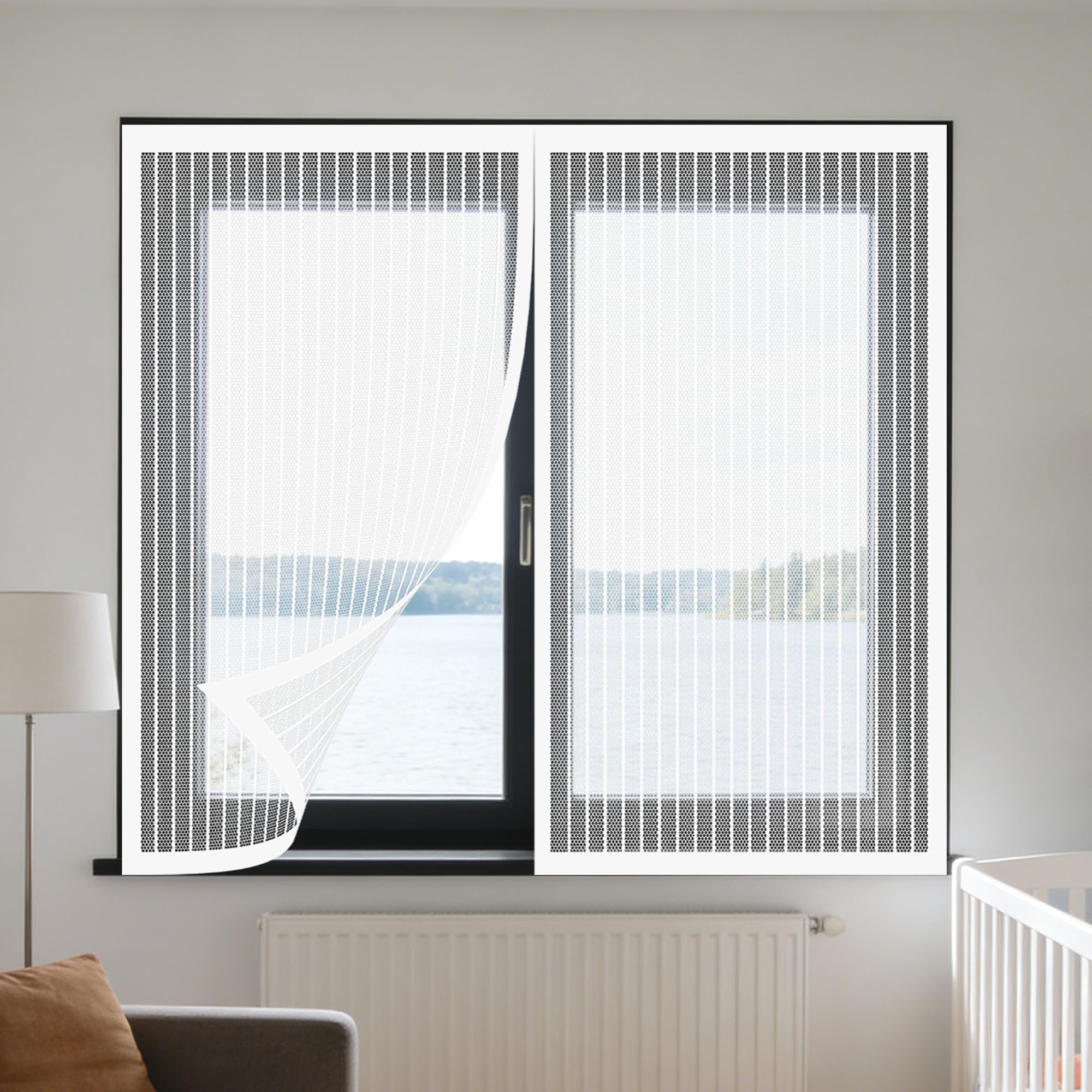 Window Fly Screen 175 x 155 cm Selfadhesive Tape Magnetic Window Screen Insect Mesh Custom Size for Living Room Bedroom Offfice, White
