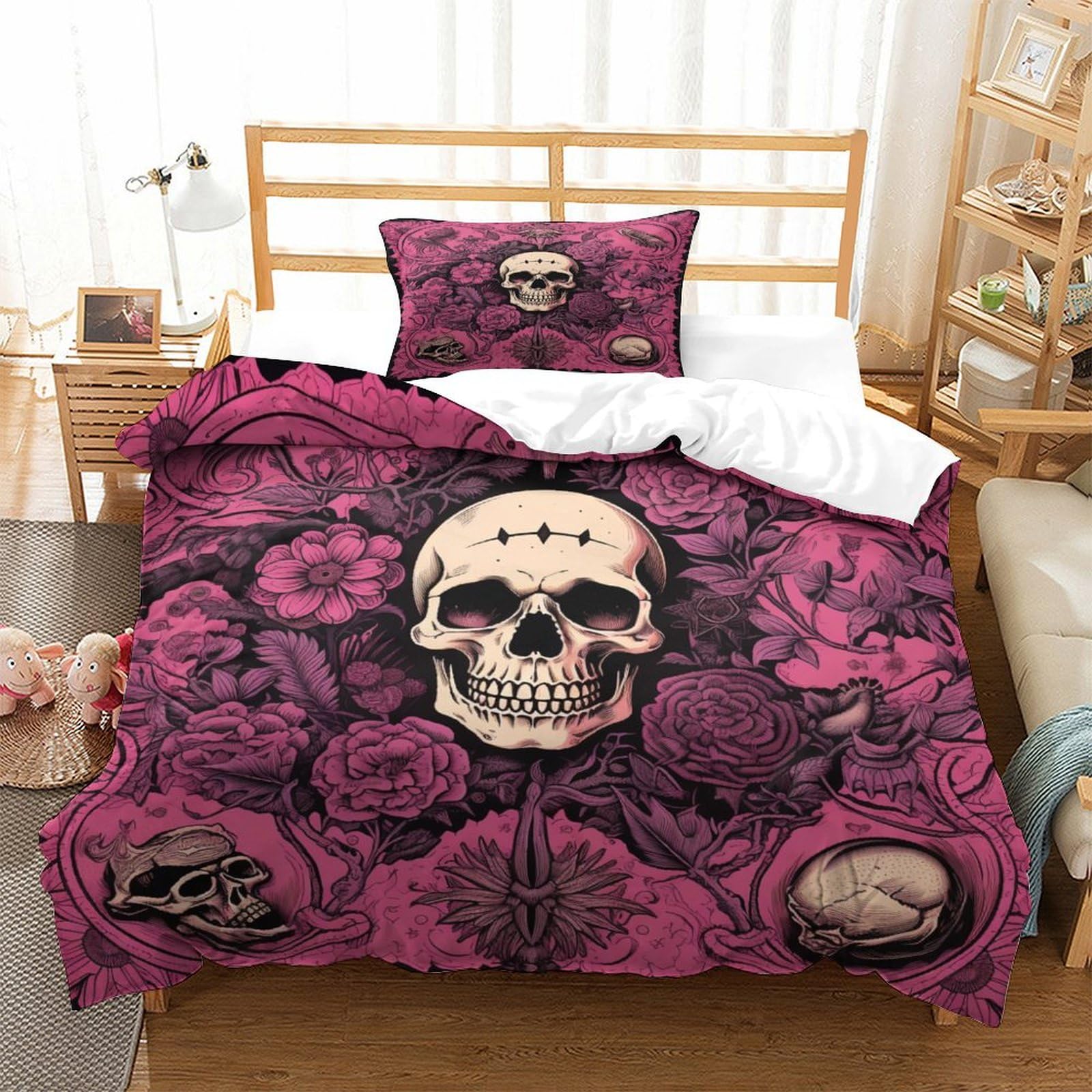 P1S9U7W5Y 3D Printed Rose Skull Duvet Cover Set 3pcs Microfiber Skull Bedding Set Single