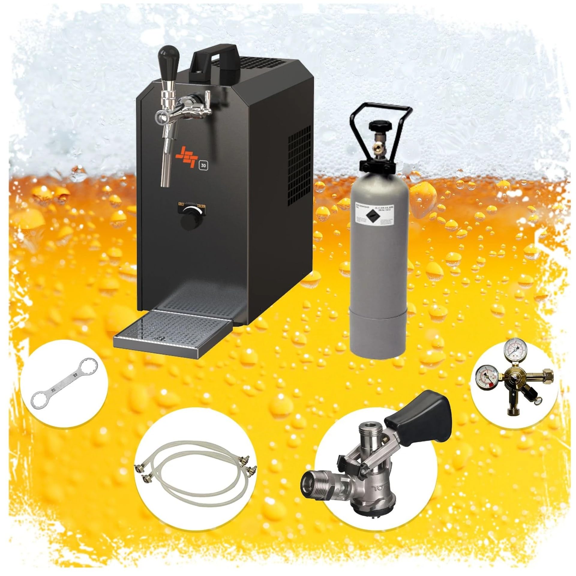 Kit Completo dispensador de Cerveza Jet 30 con Cabeza de Grifo Köpi, Botella CO2 2 kg, mangueras y Reductor de presión 3 Bar, Tipo D