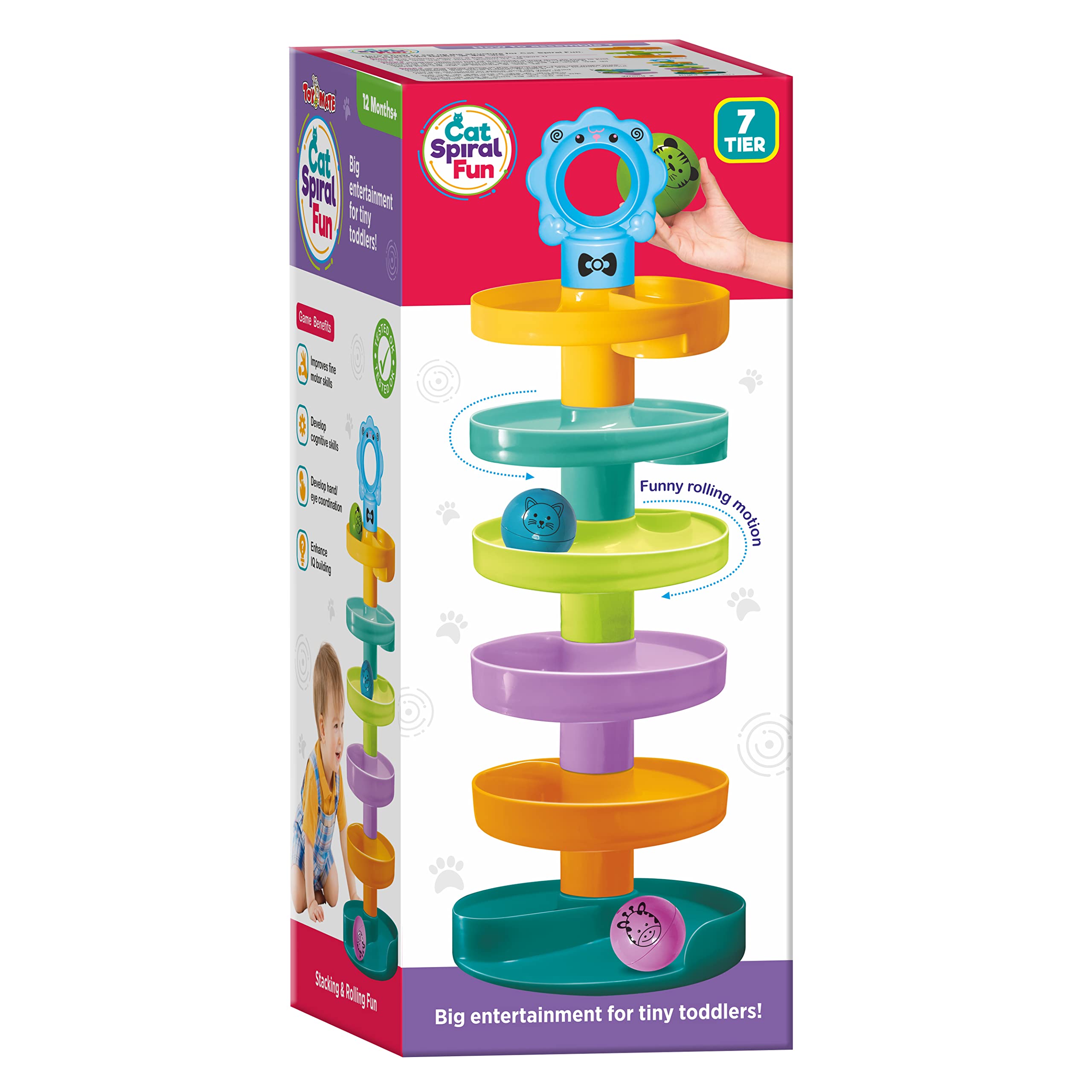 Toymate Cat Spiral Fun - A Roll Ball Toy with 7 Layer Ball Drop Tower Run with Roll Swirling Ramps for Baby and Toddler Educational Development Toy Set
