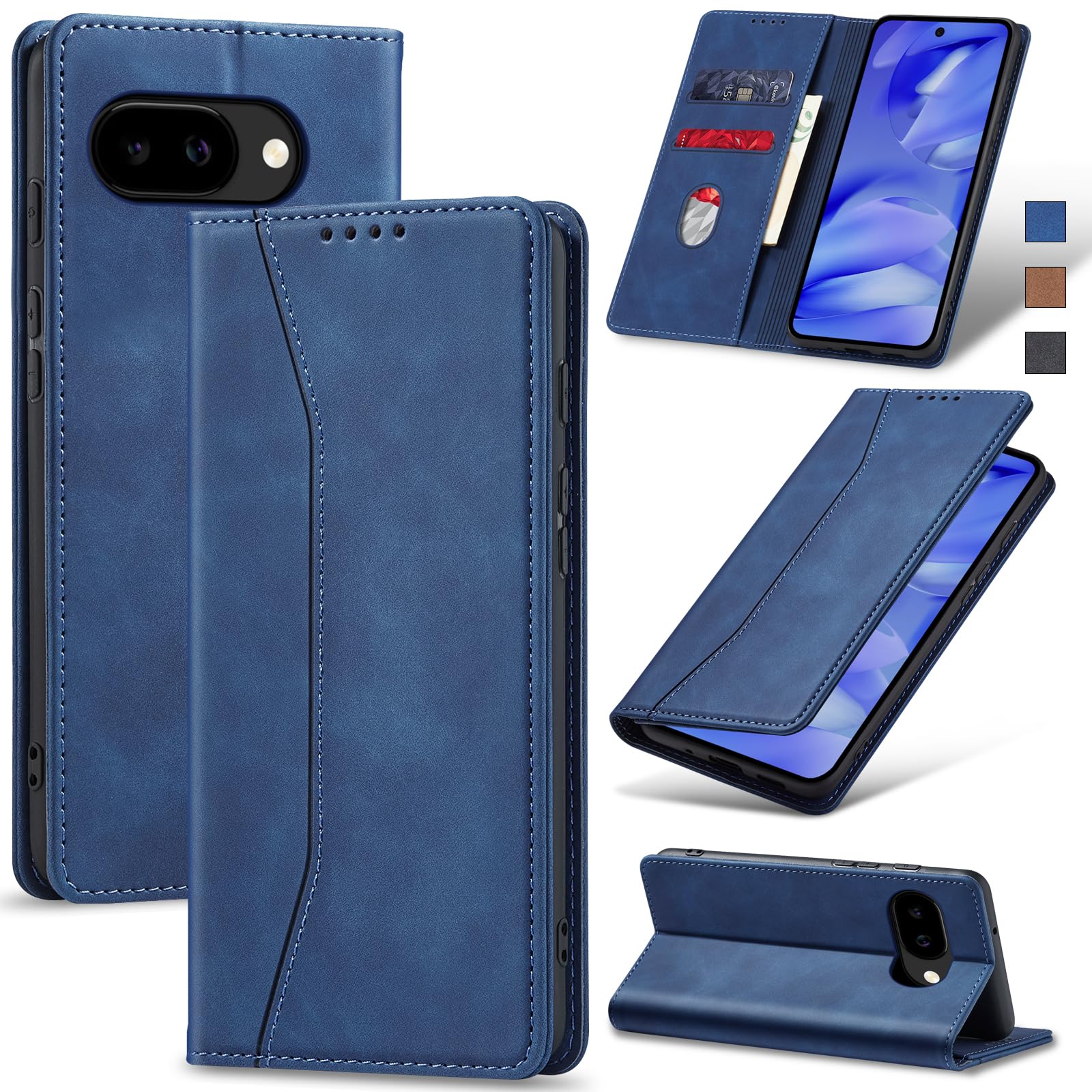 Jasonyu Case for Google Pixel 9A, PU Leather Wallet Case [Shockproof] [Magnetic] [Card Holder] [Stand Function] Flip Case (Blue) - 1