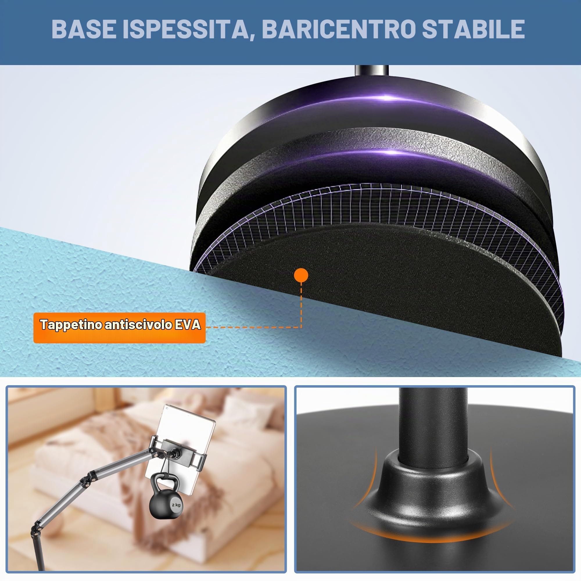 YSSHUI Supporto da pavimento per tablet resistente con base da 3 kg, supporto girevole regolabile a collo d'oca per iPad, Galaxy Tab, Kindle, telefoni (da 11,9 a 33 cm)