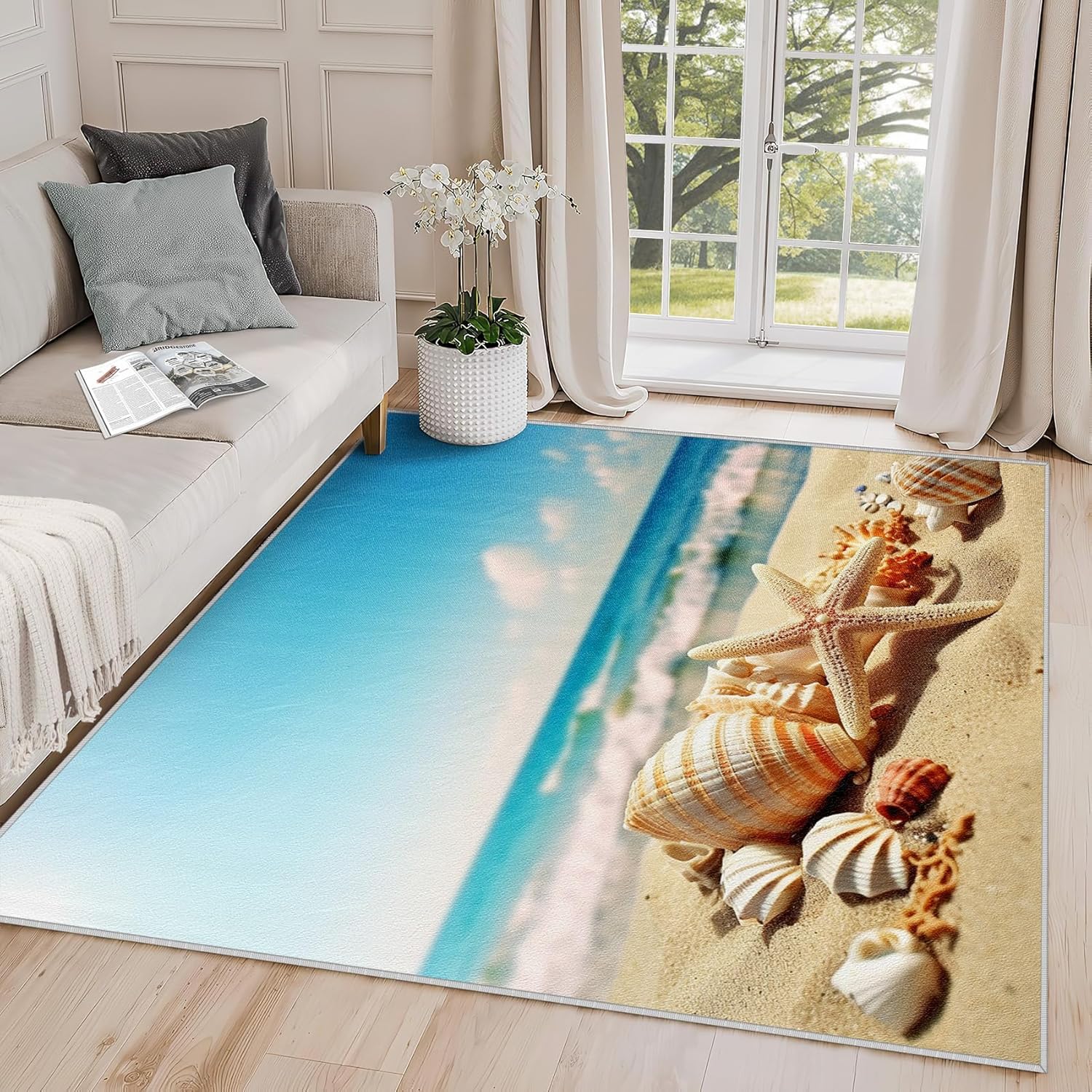 Beach Theme Area Rug, 2x3 ft, Tan Blue White, Machine Made, Low Pile, Non Slip, Washable, Indoor Use