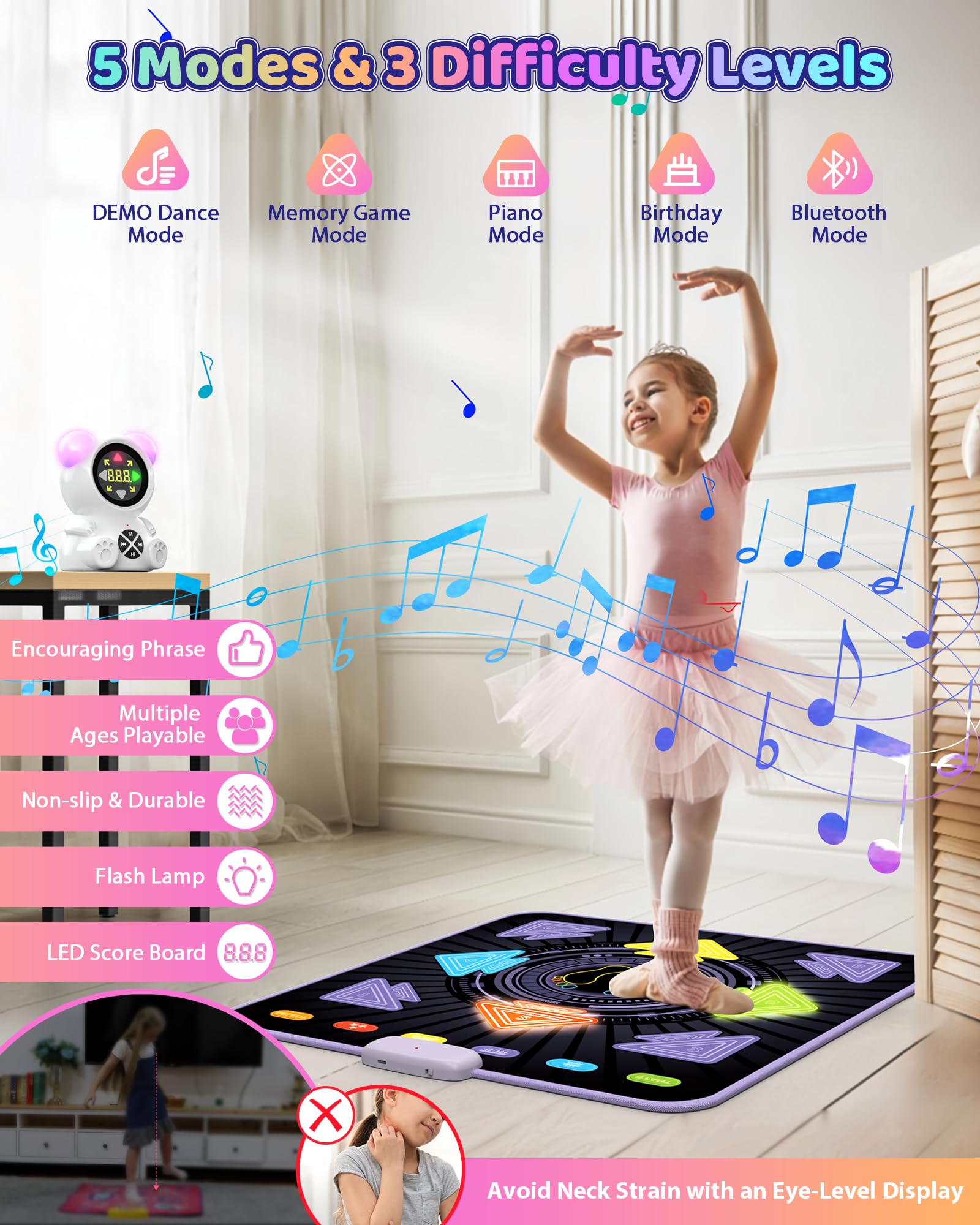 Tappetino da Ballo Ricaricabile per Bambini - Tappetino Luminoso per sfide di Ballo con Lettore Musicale Portatile Bluetooth Connect e 5 modalità, Regalo per Ragazze di 3-12 Anni, Ragazzi
