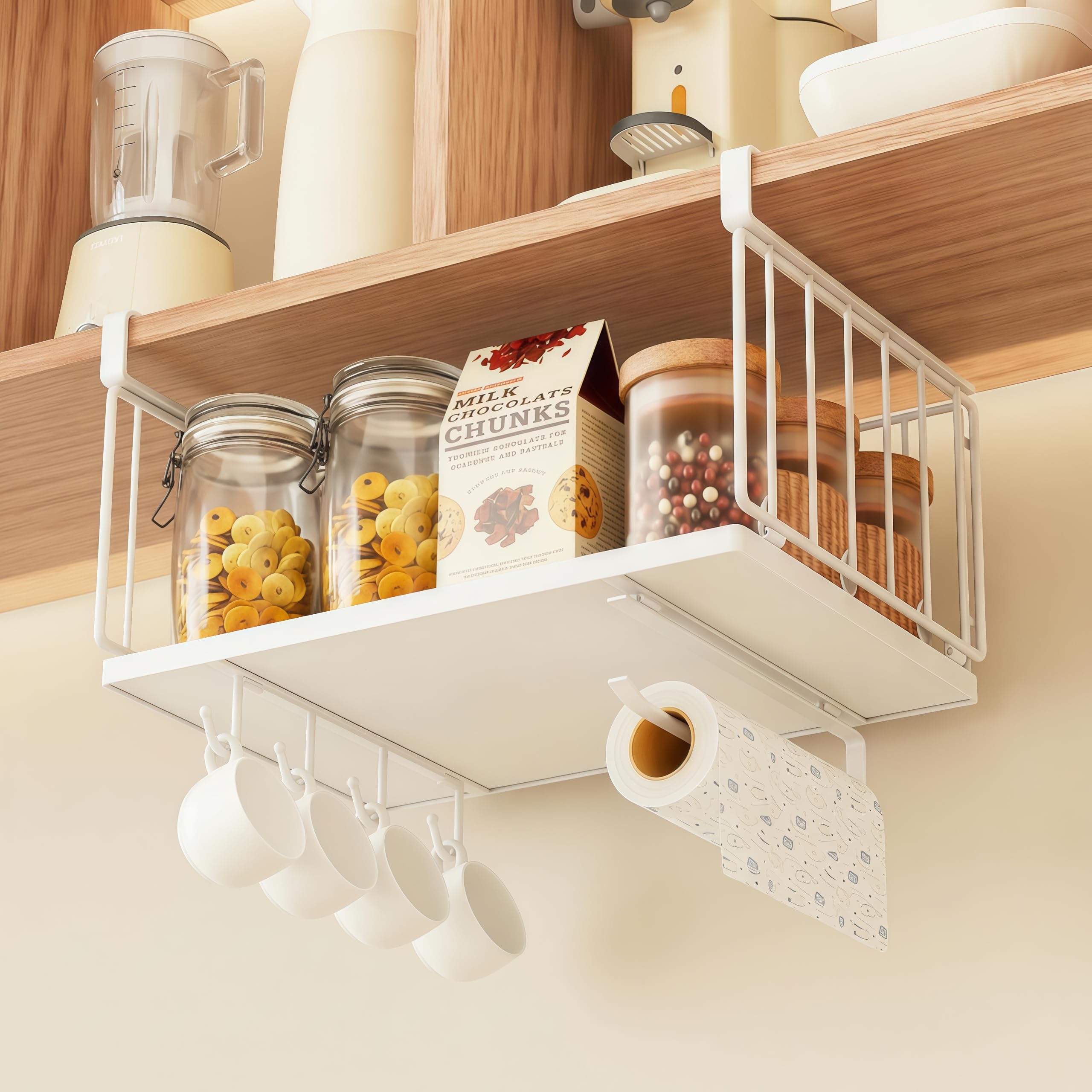 MIUSITE Under Shelf Storage Basket, Kitchen Basket with Solid Metal Base & Multiple Hooks, Under Shelf Hanging Metal Wire Storage Basket for Kitchen, Office, Pantry, Bathroom, Cabinet (Cream White)