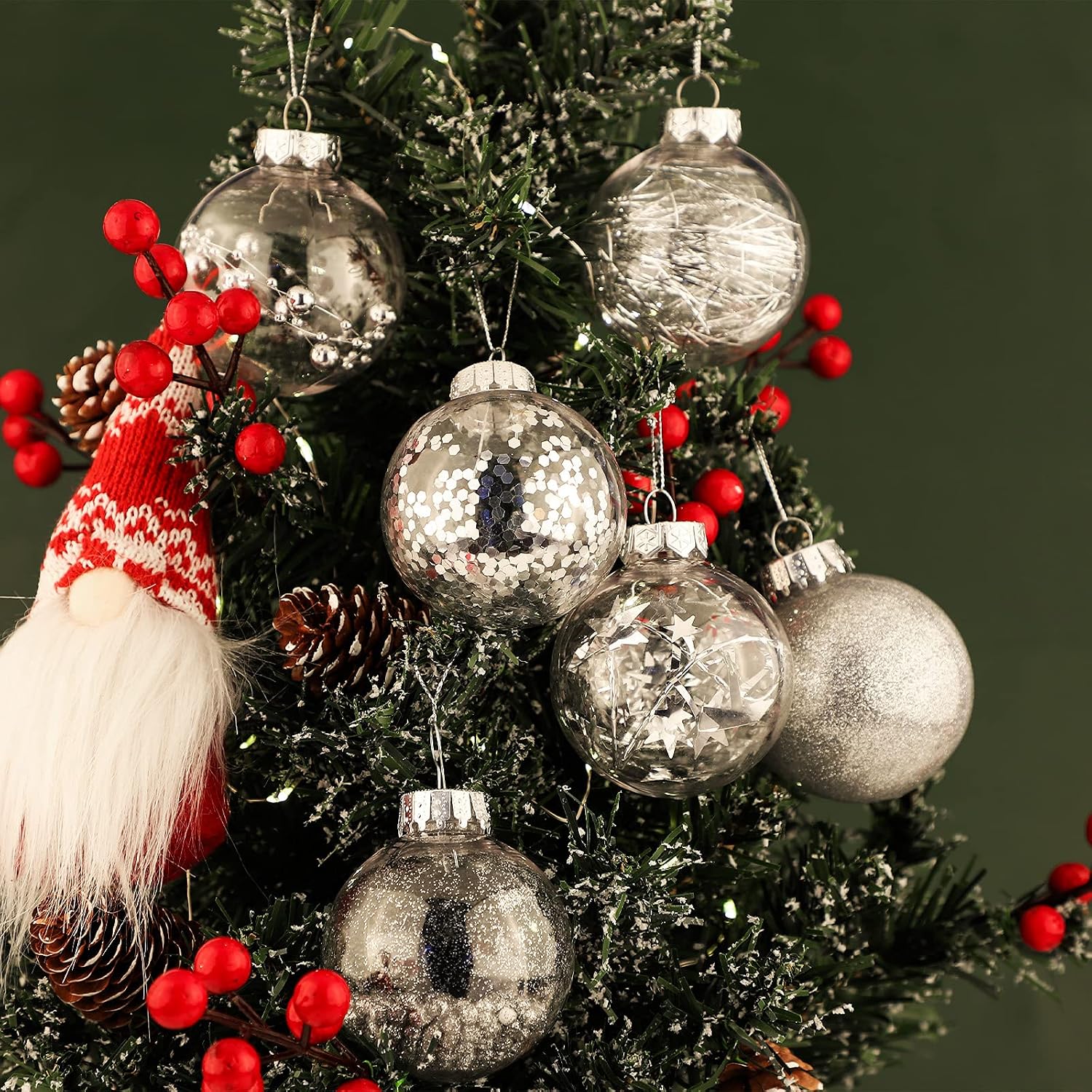 MCEAST 24 Pieces 2.36 Inches Plastic Christmas Balls 8 Designs Shatterproof Decorative Balls Baubles Christmas Hanging Ornaments with Stuffed Delicate Decorations, Silver