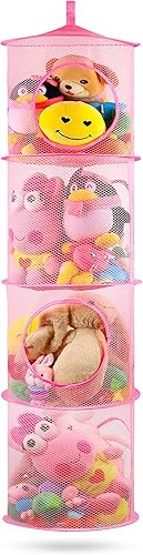 Miniatura 44 de Organizador de bolsas de malla colgante para ahorrar espacio, organizador plegable de almacenamiento de animales de peluche, 5 compartimentos,