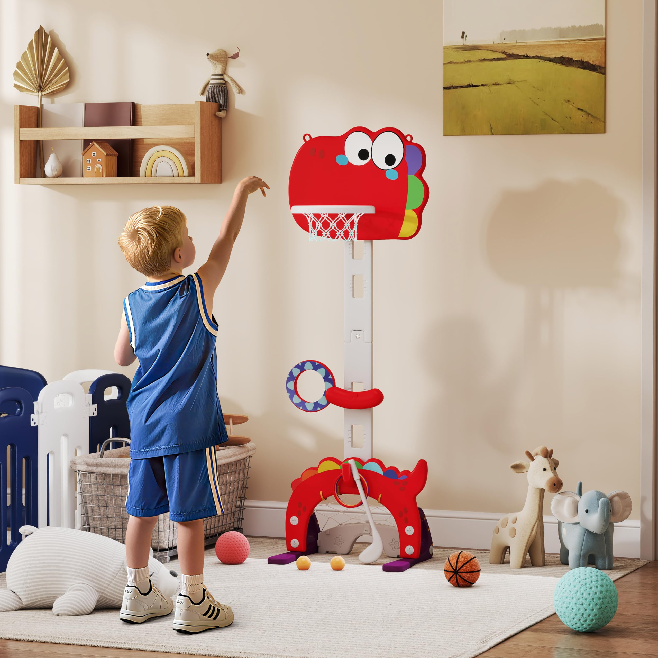 AIYAPLAY Canestro Basket per Bambini 5 in 1 con Altezza Regolabile, Porta da Calcio e Golf, Gioco per Bambini da 3-6 Anni, Rosso