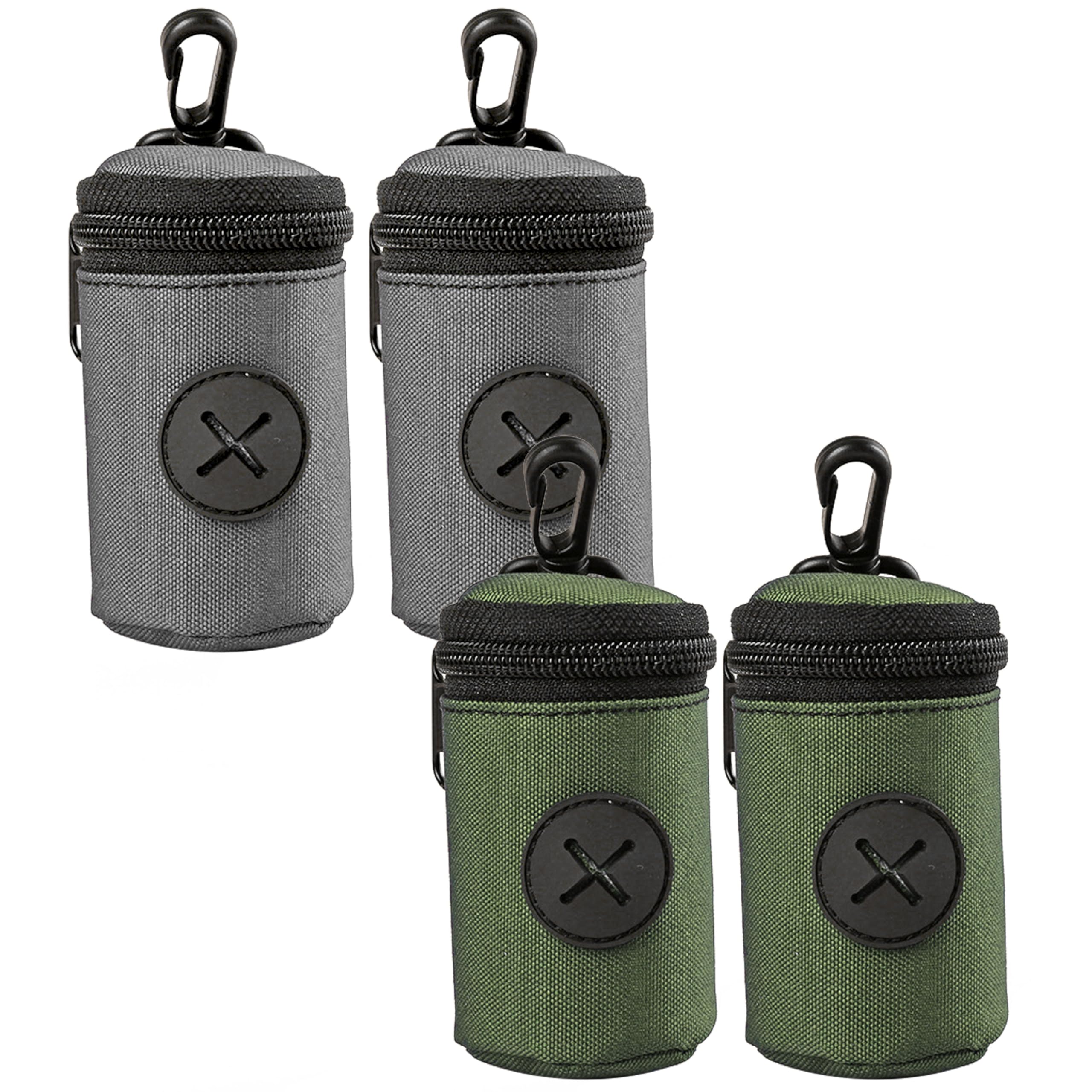 CATMEYE 4 Pack Quick-Access Poo Bag Holders for Dogs — Clip-On, Travel-Light Dispensers with Zip-Top Refill — 2 Grey + 2 Green, Fits Most Leads, Belts & Backpacks (Grey,Green)