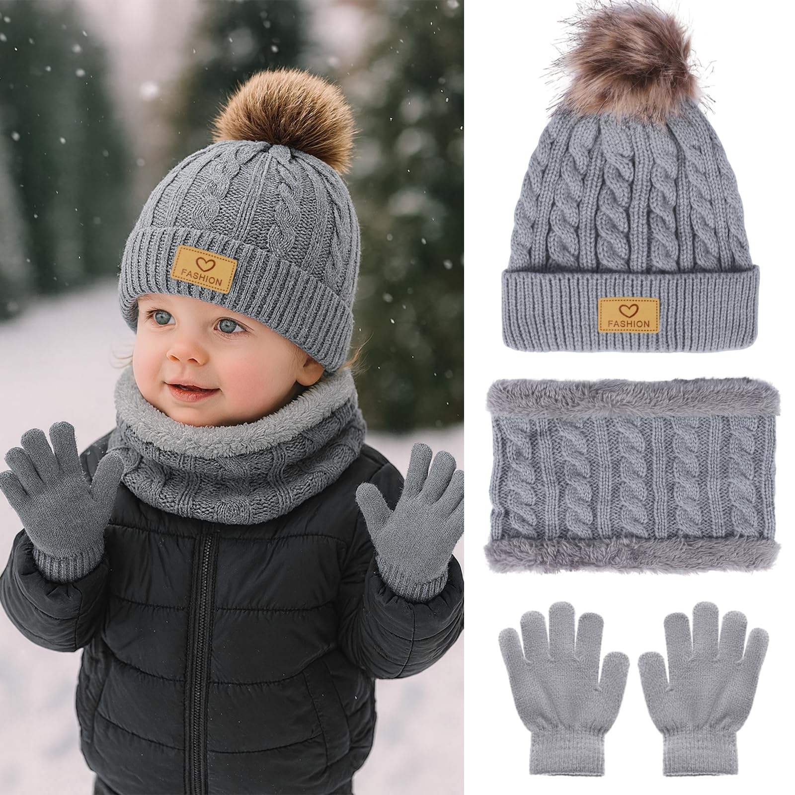 Winmany 3PCS Niños Invierno Gorros Guantes Bufanda Conjunto Niño Polar Cuello Calentador Gorro con Pom Conjunto de Mitones de Punto para Niña Niño