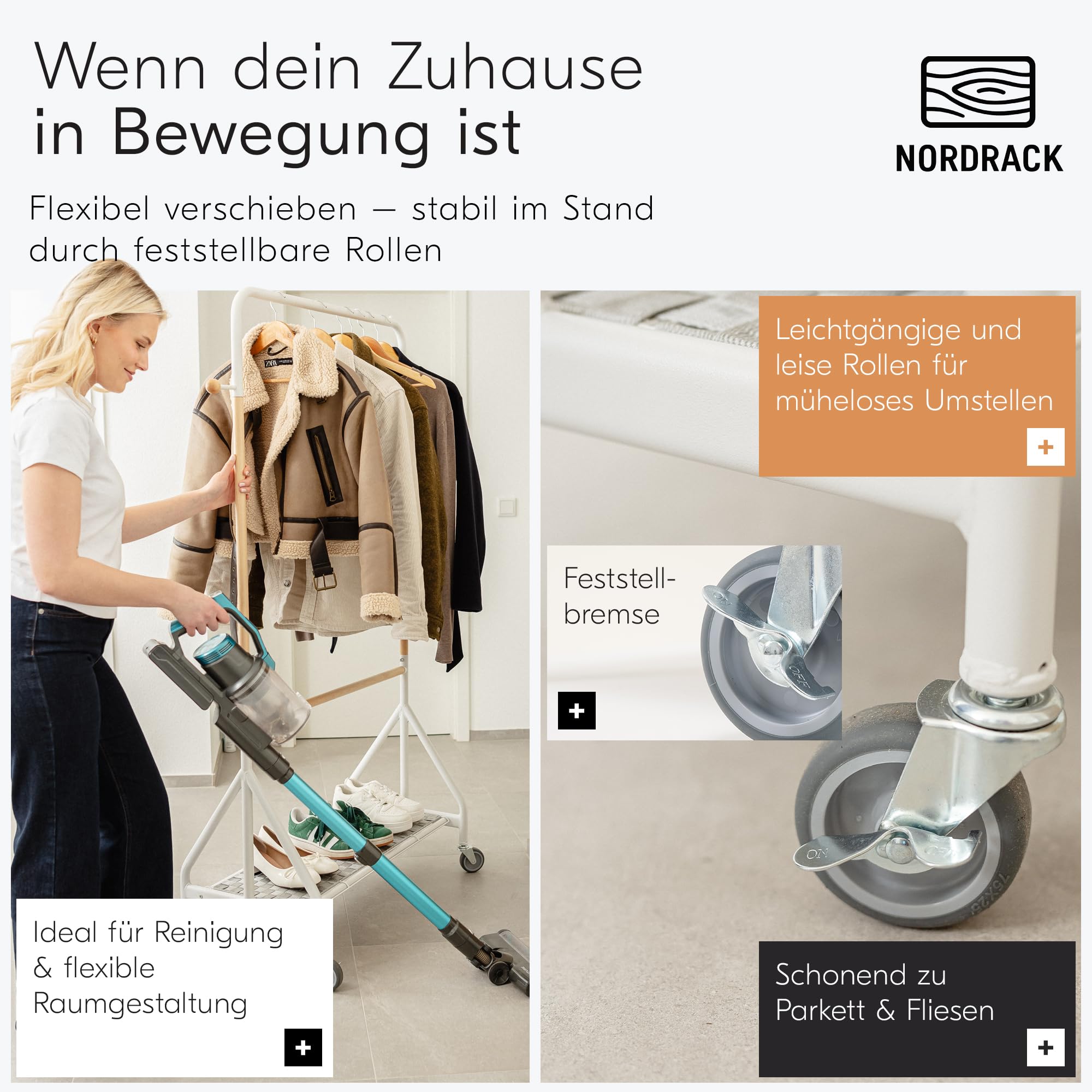 ASKA Premium Kleiderständer auf Rollen Stabil Schwerlast bis 120 kg Clothing Rack Garderobenständer Holz Metall Kleiderstange mit Schuhablage Rollbarer Kleiderständer Weiß Birkenholz