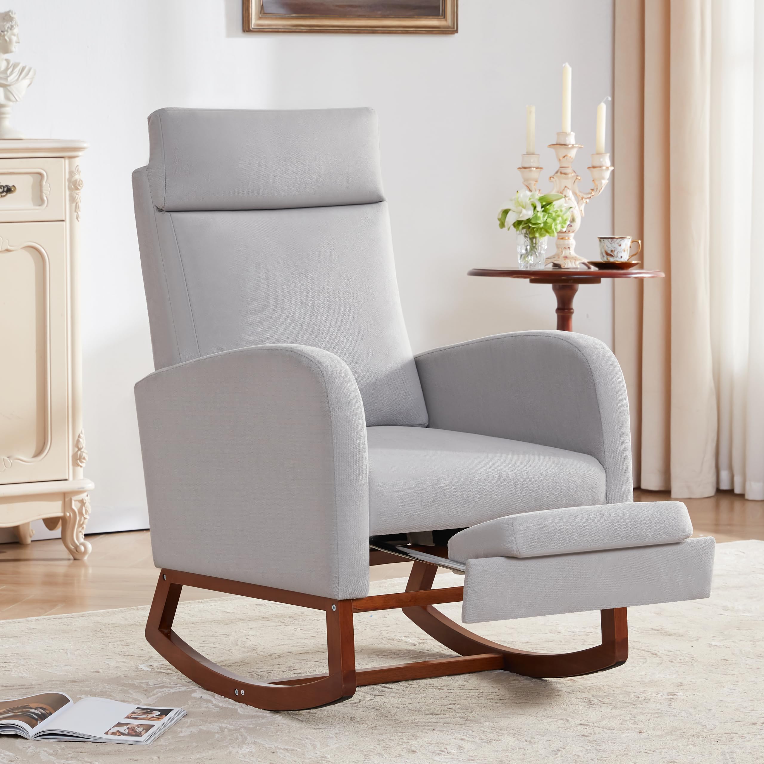 Nursery Rocking Chair, High Back Glider with Footrest, Light Gray