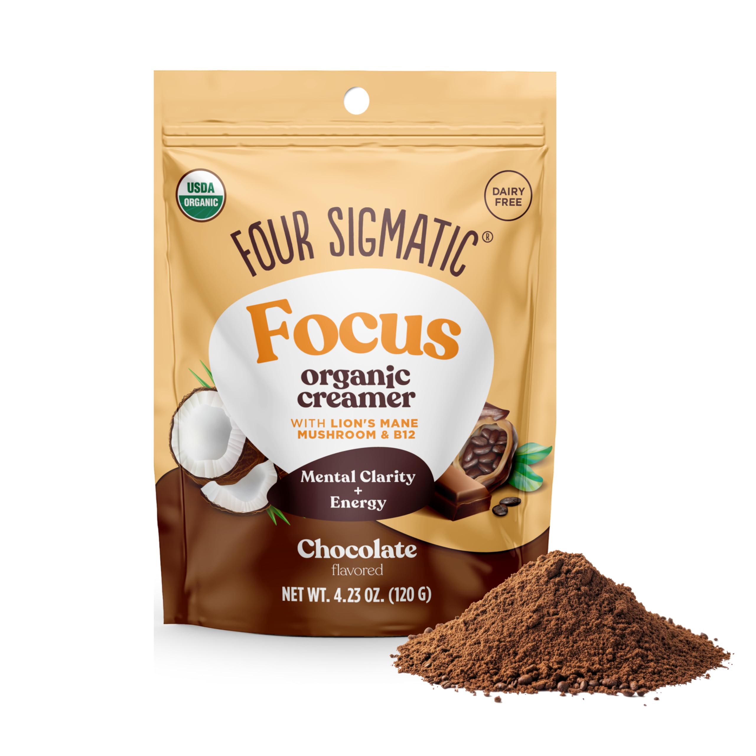 Four SigmaticFocus Chocolate Coffee Creamer | Organic Non Dairy Coffee Creamer with Lion’s Mane and Vitamin B12 | Chocolate, 4.23 ozUSDA Organic