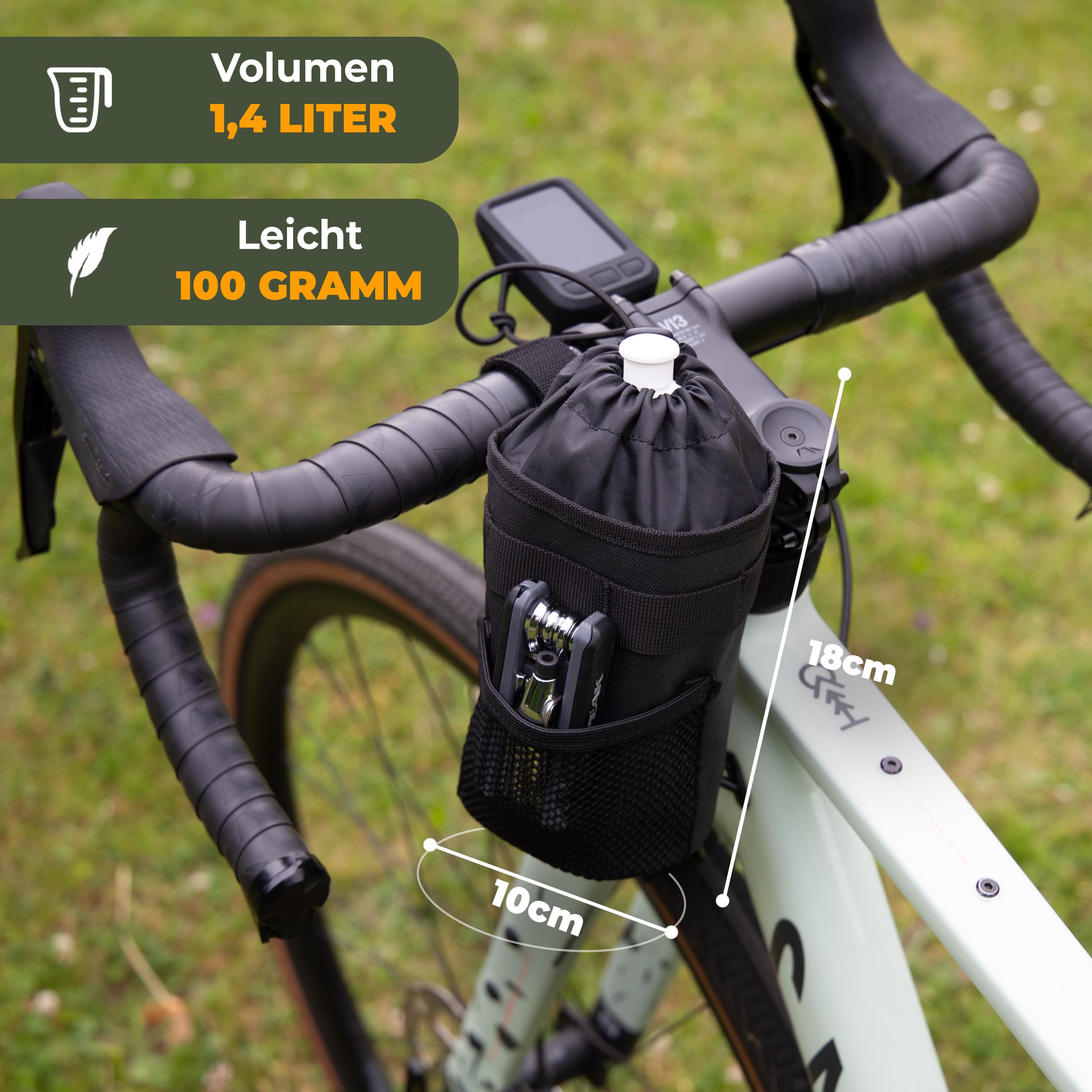 Rovativ® Bikepacking Snack-Pack [1,4 Liter] Food-Pouch - Lenkertasche mit extra Außenfach - für Gravelbike, Rennrad und MTB