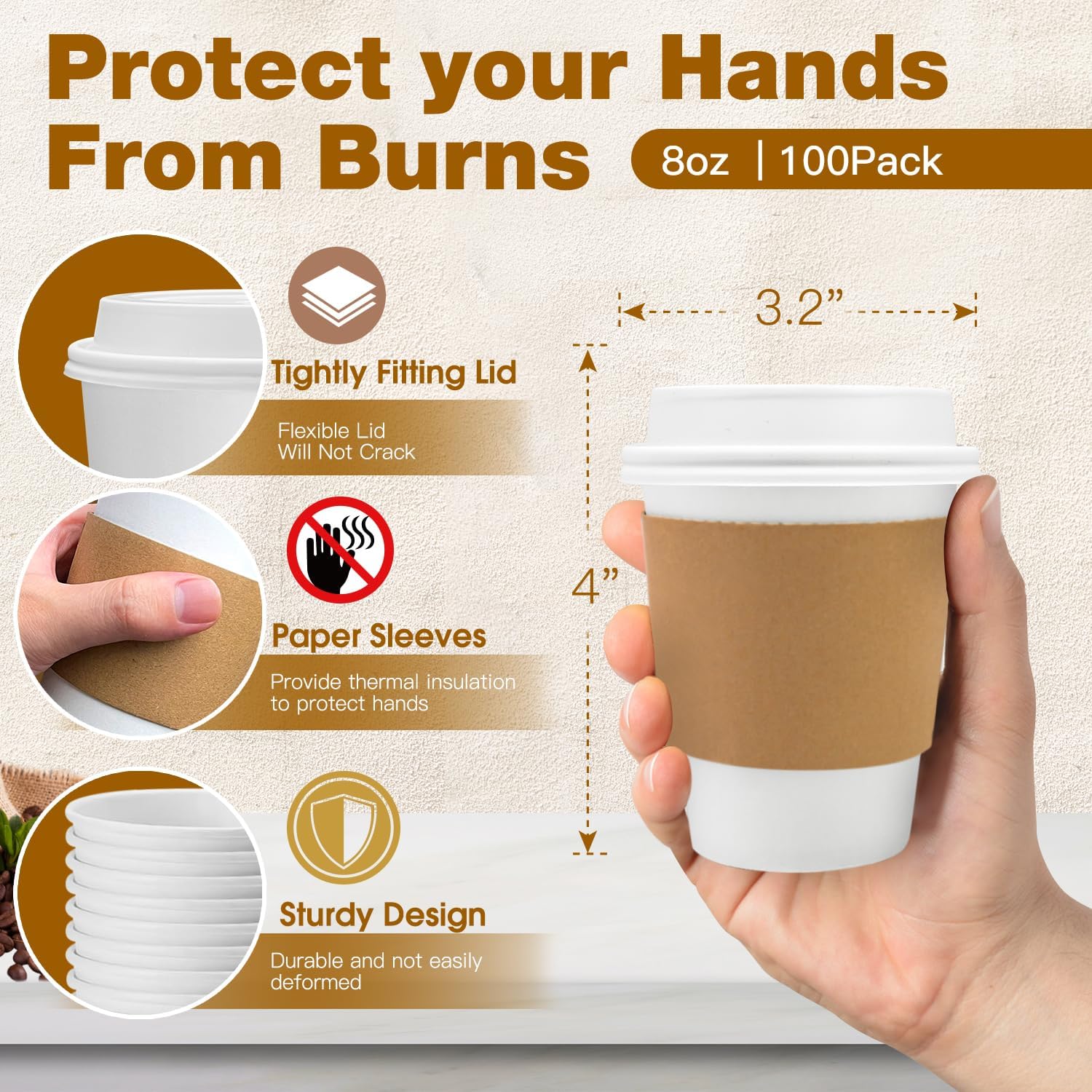 Ginkgo 100 Pack 8 oz Thickened Paper Coffee Cups with White Lids and Sleeves, Disposable To Go Coffee Cups for Espresso Coffee, Hot Chocolate and Cocoa - Image 2