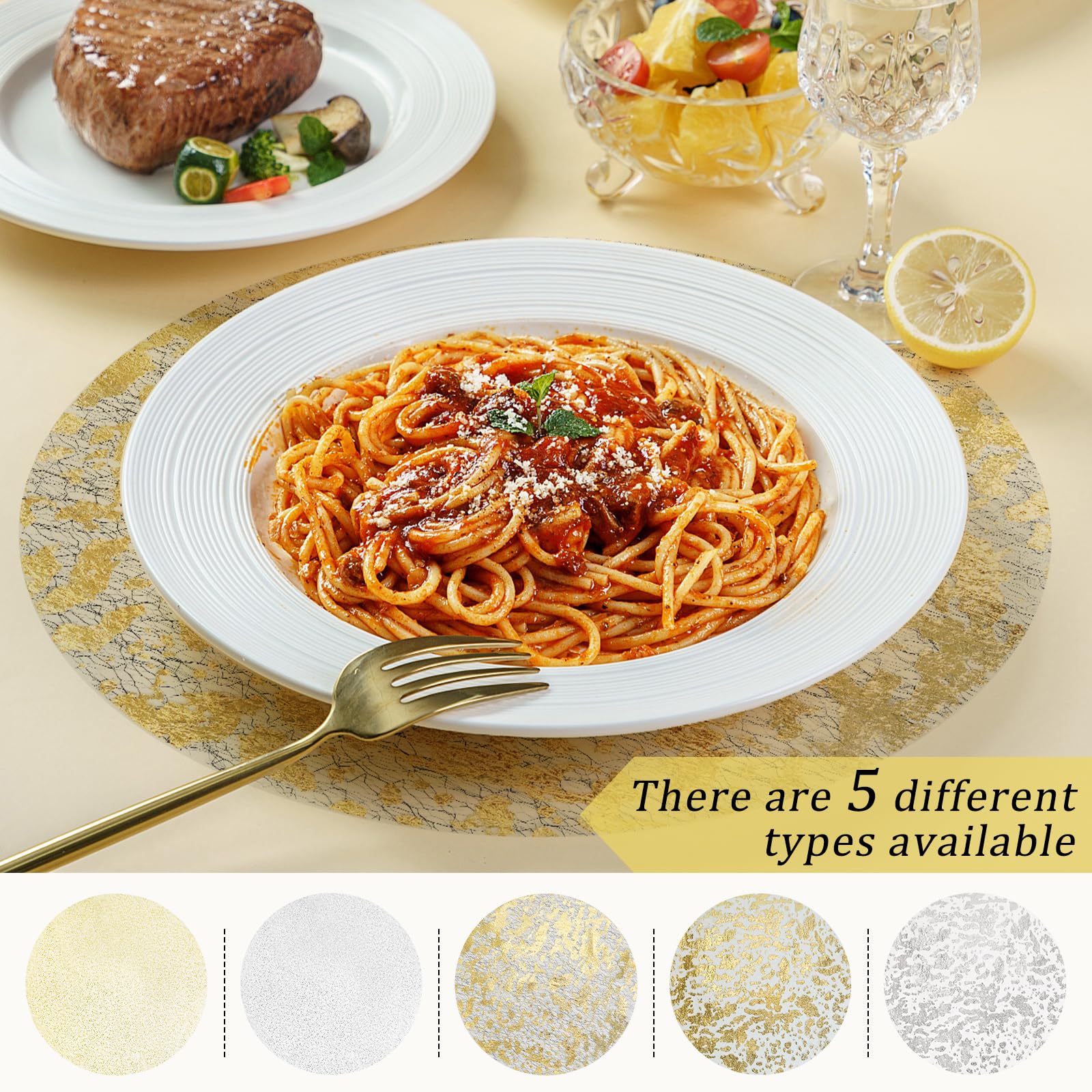 Hysenm Set di 50 tovagliette usa e getta argento, ultrasottile 33 cm rotonde in rete pressata, tovagliette usa e getta per la decorazione della casa, tavolo da pranzo, matrimoni, feste di compleanno