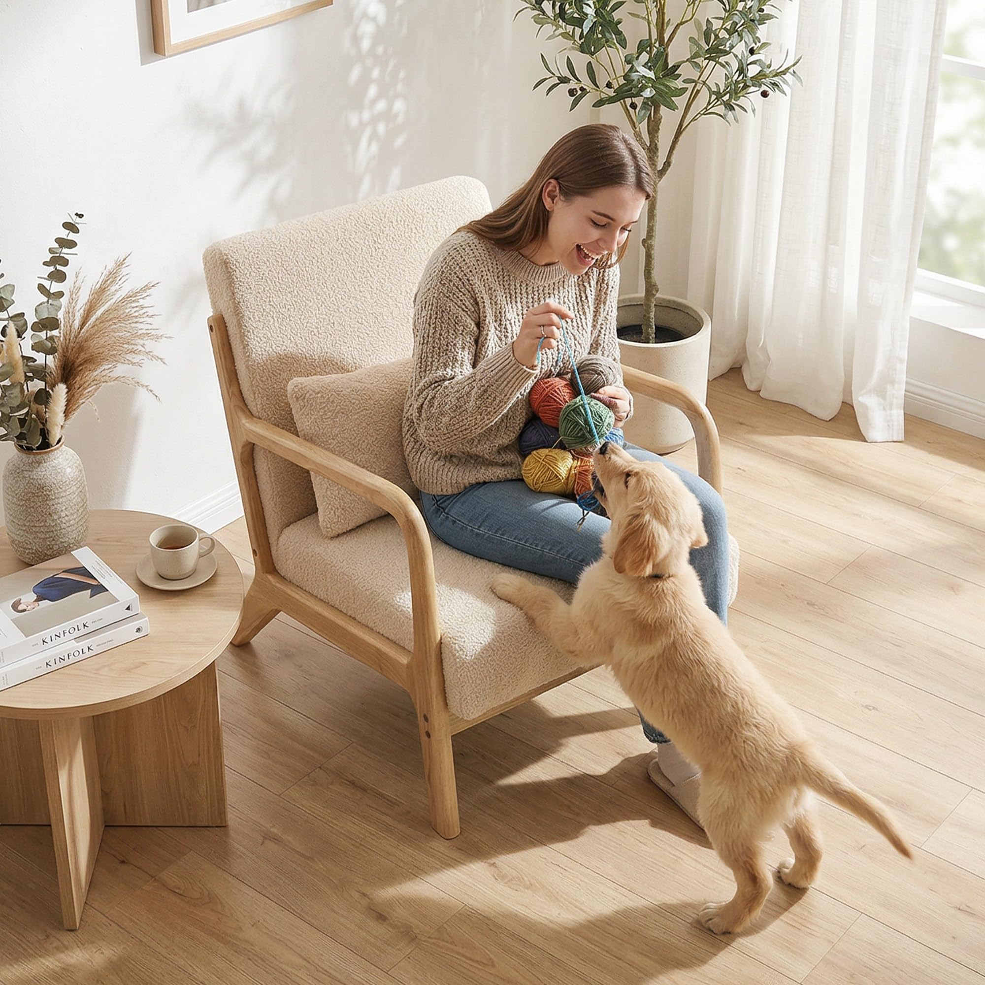 HOMCOM Fauteuil de Salon avec Cadre en Bois Massif Fauteuil Lounge - Assise Profonde - accoudoirs - Aspect Velours Beige