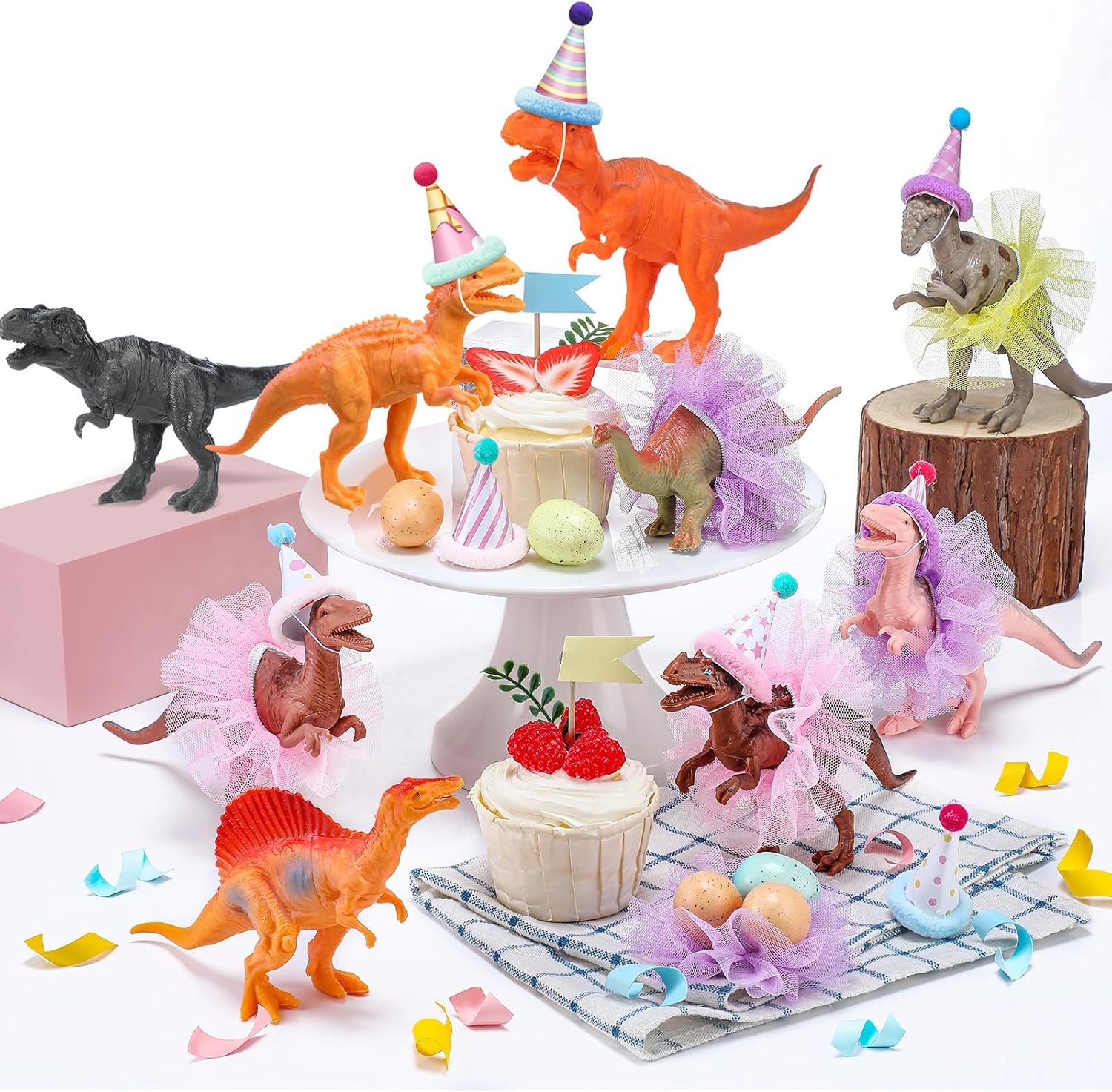 Weysat 27pcs Dinosaur Birthday Party Decorations Mini Birthday Hat with Pom Poms Dinosaur Figure Model Cake Toppers with Mini Skirt and Hat for Wild Animals Themed Party