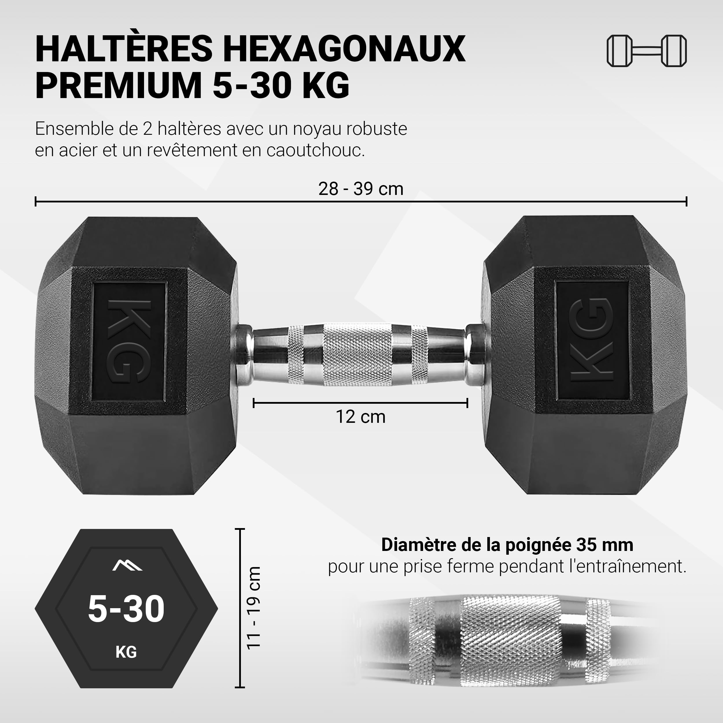 Lot d'haltères hexagonaux MSPORTS Premium (paire) | 5-30 kg | Revêtement antidérapant | Poignées chromées ergonomiques | Set d'haltères courts | Set d'haltères | Dumbell