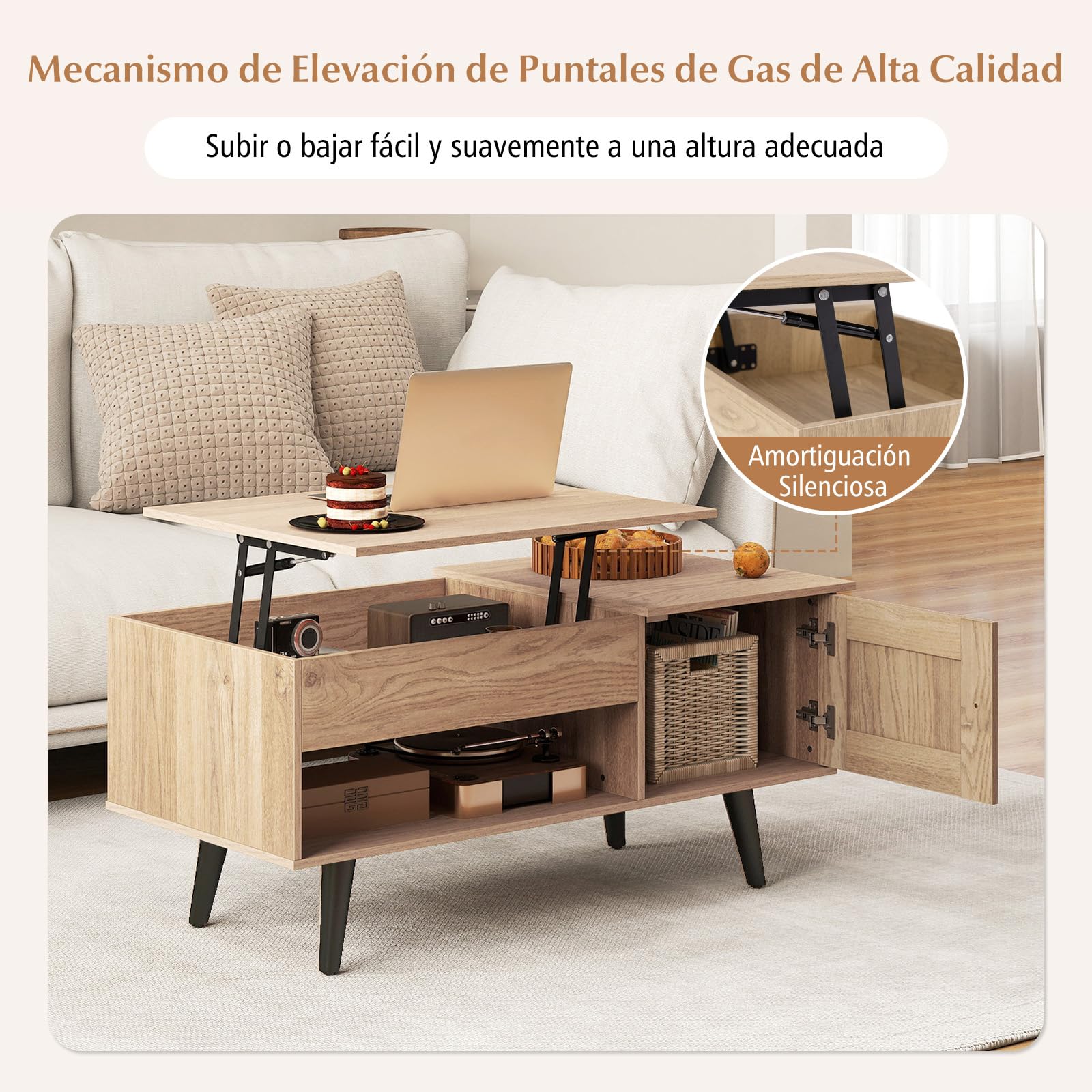 COSTWAY Mesa de Centro Elevable, Mesa de Café con Tablero Elevable, Gabinete, Compartimento Oculto y Estante Abierto, Mesita de Salón para Estudio y Oficina, 100 x 50 x 46-60 cm (Natural)