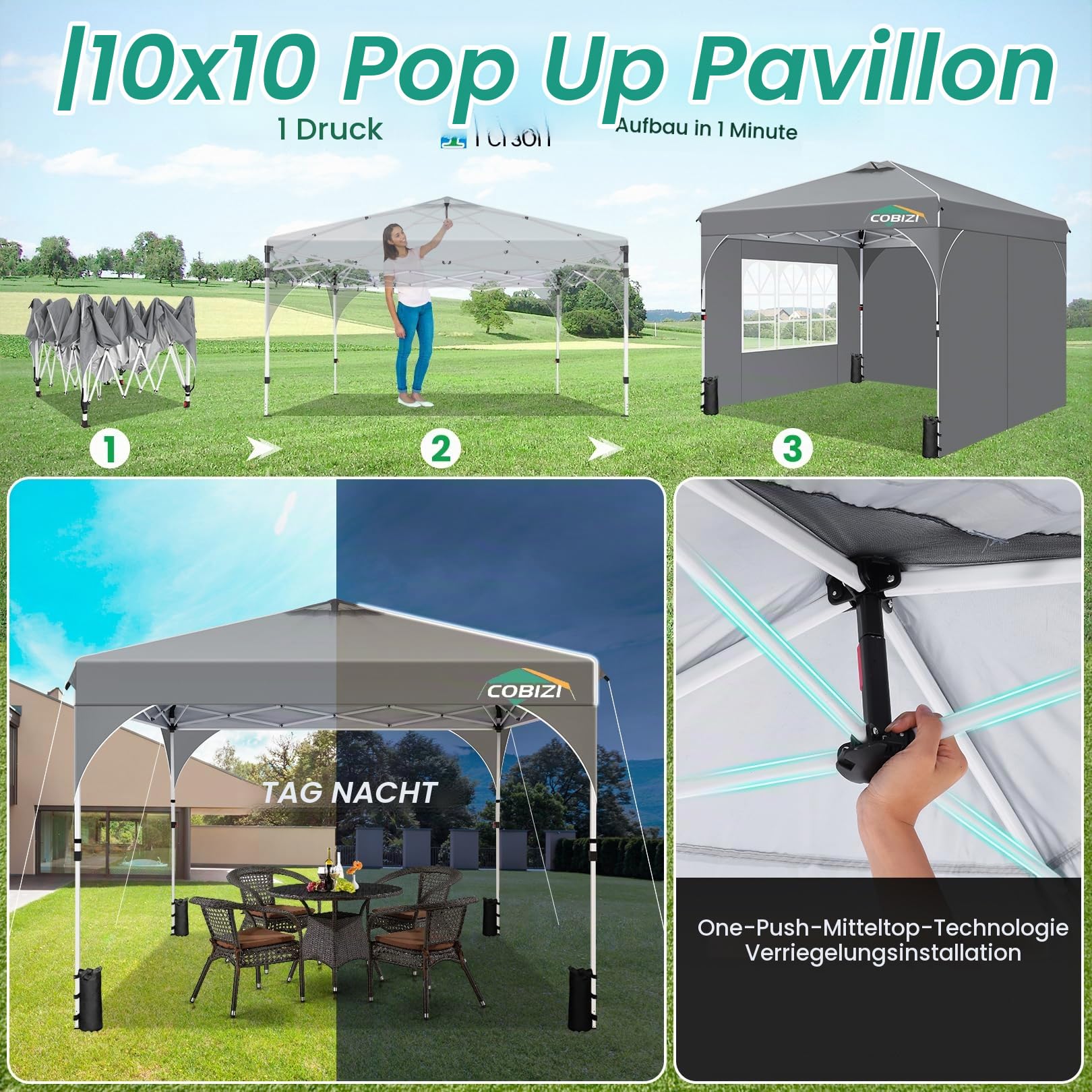 TOOLUCK Pavillon 3x3 Wasserdicht Stabil Winterfest Faltpavillon Gartenpavillon Partyzelt Pop Up Pavillon Klappbar UV Schutz 50+ Höhenverstellbar mit Entlüftung & 3 Stoffstücken&4 Sandsäcke， Grau
