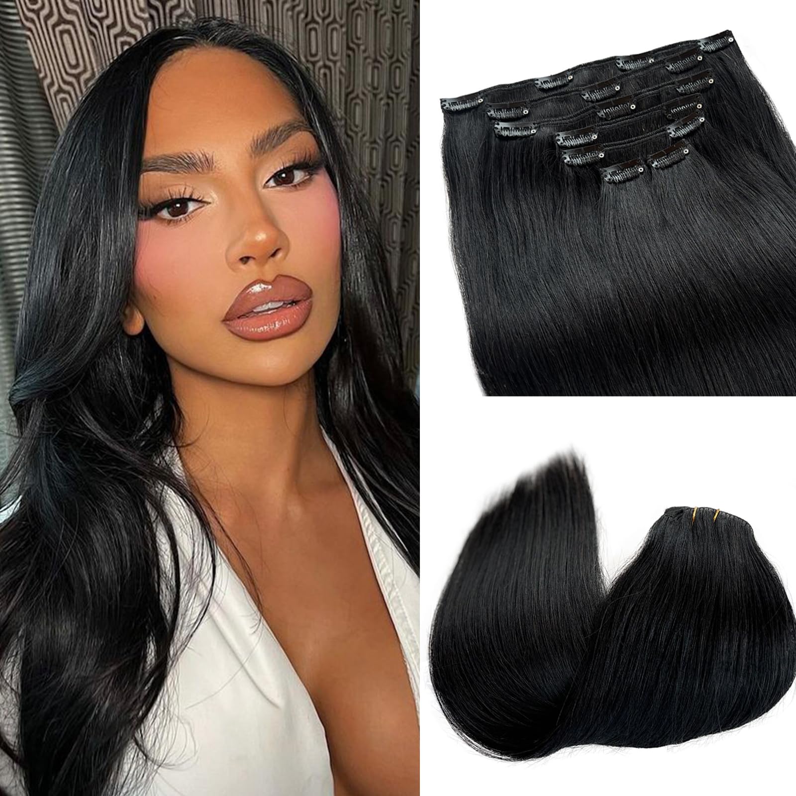 Amazon.com : Black Clip in Hair Extensions Human Hair 15  display picture 2