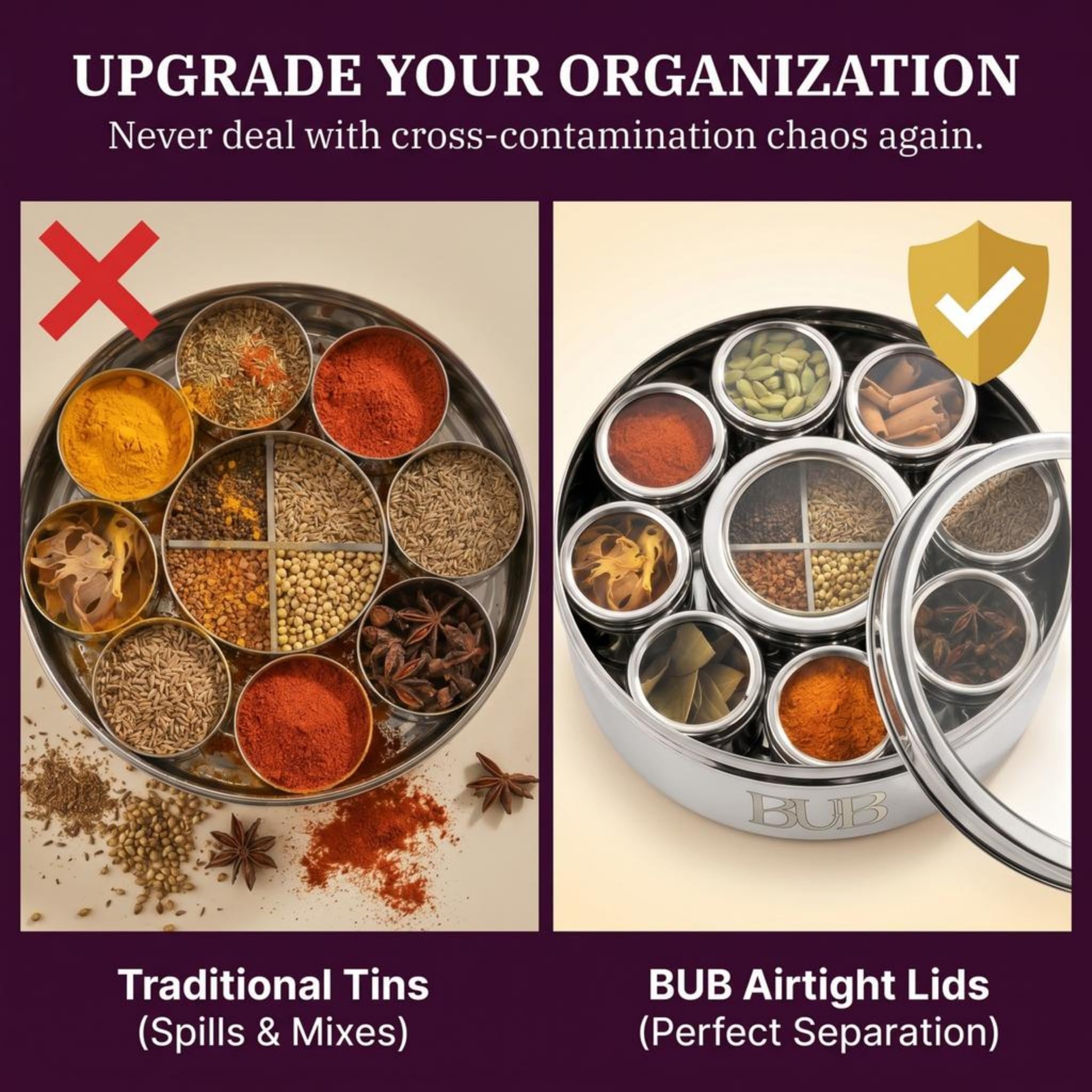 Bub: Lata grande de especias Masala Dabba de 22 cm, 9 tarros de especias con tapas individuales, capacidad para 12 especias, acero inoxidable pulido con cuchara para servir y tapas acrílicas
